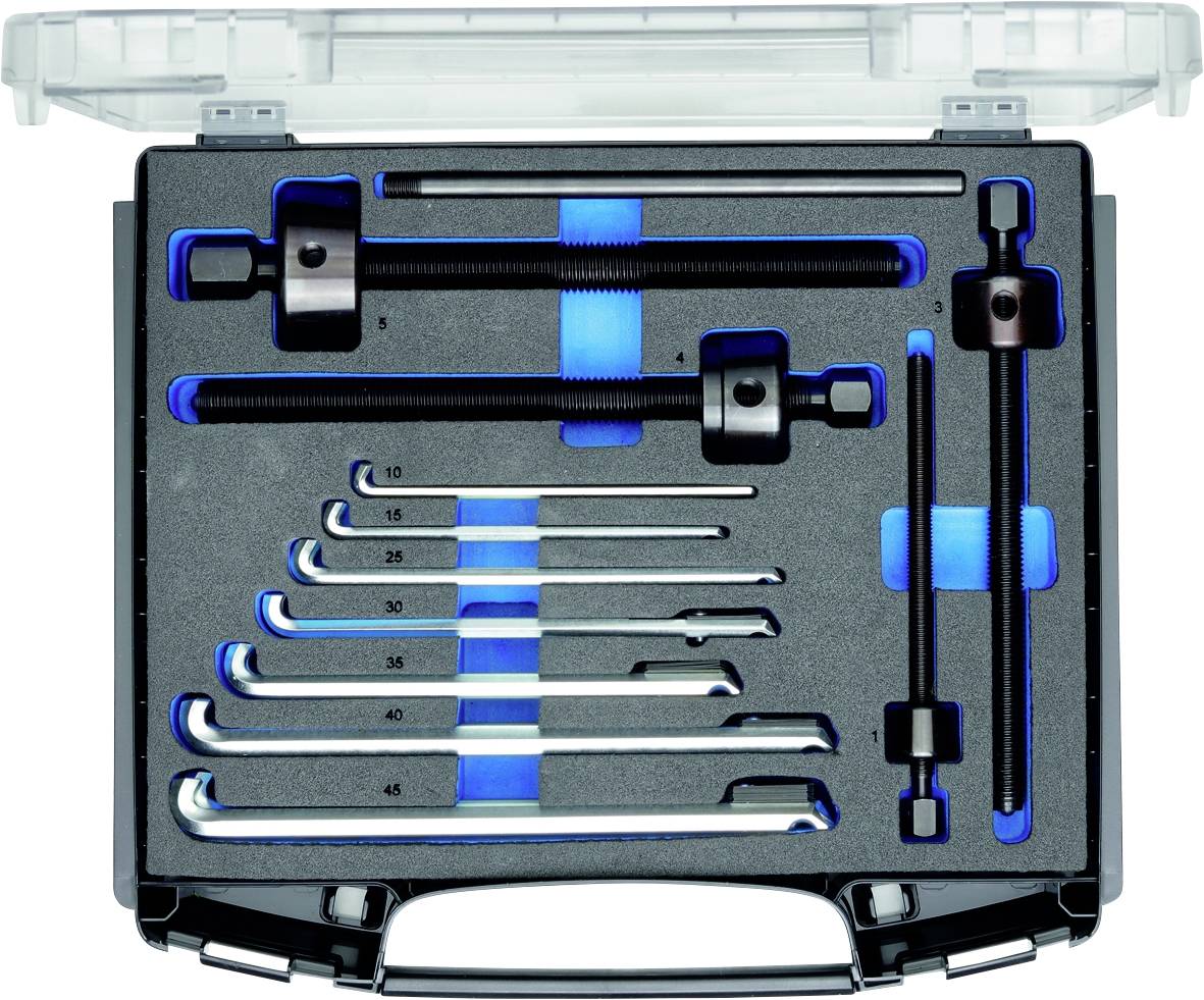 Ein geöffneter Werkzeugkasten mit einem Set von Inbusschlüsseln und Schraubendrehern, geordnet auf schwarzem Schaumstoffeinlage.