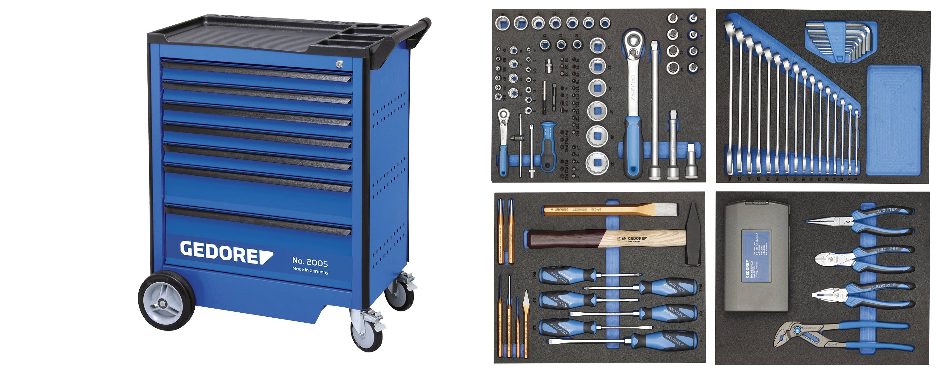 Ein blauer Werkzeugwagen mit sechs Schubladen, gefüllt mit verschiedenen Werkzeugen, darunter Schraubenschlüssel, Zangen und Hammer.