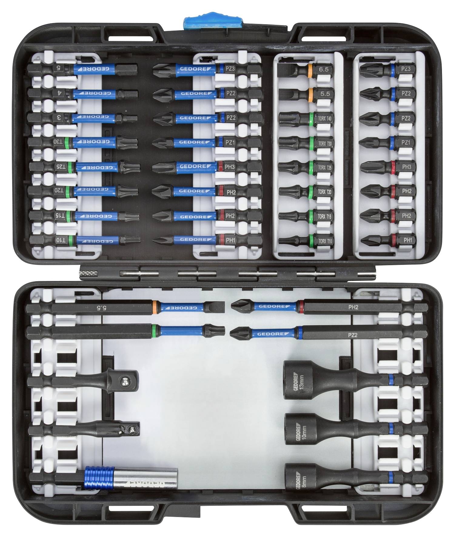 Werkzeugkoffer mit verschiedenen Schraubendreher-Bits und Verlängerungen, geordnet nach Größe und Typ in Fächern.