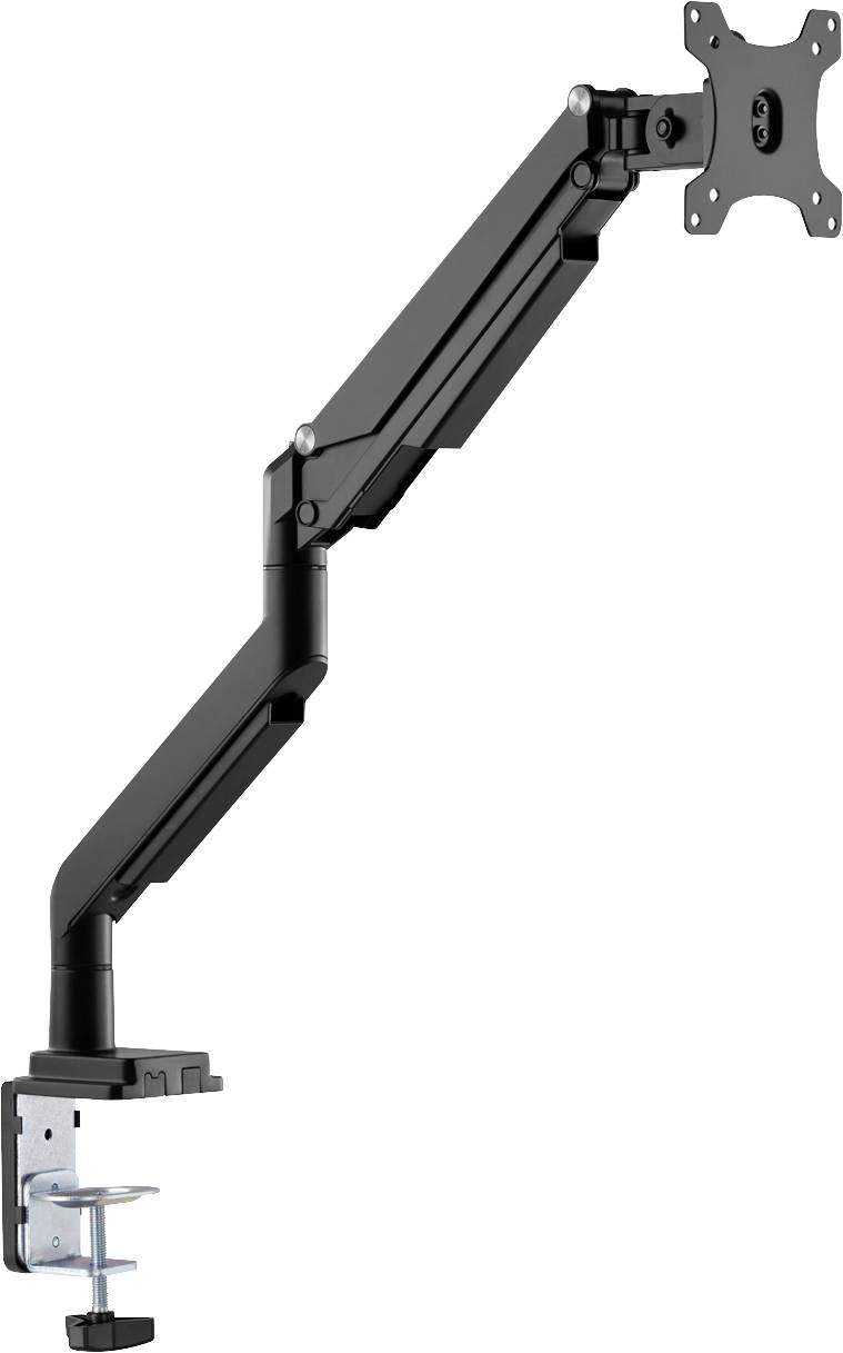 Schwarze Monitorhalterung mit verstellbarem Arm zur Befestigung an Schreibtischen. Bietet Flexibilität für Bildschirmpositionierung.