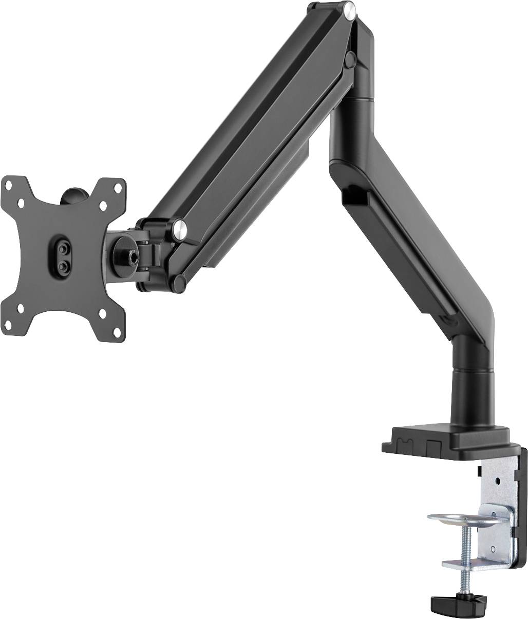 Monitorhalterung mit verstellbarem Arm, schwarzes Metall, geeignet zur Befestigung an Schreibtischen, kompatibel mit VESA-Standards.