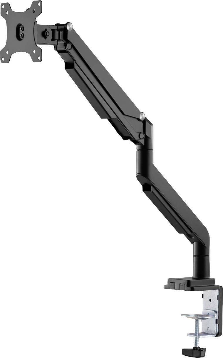 Schwarzer Schwenkarm für Monitore, an Tischkante befestigt, flexibel verstellbar, für ergonomische Arbeitsplatzanpassungen.