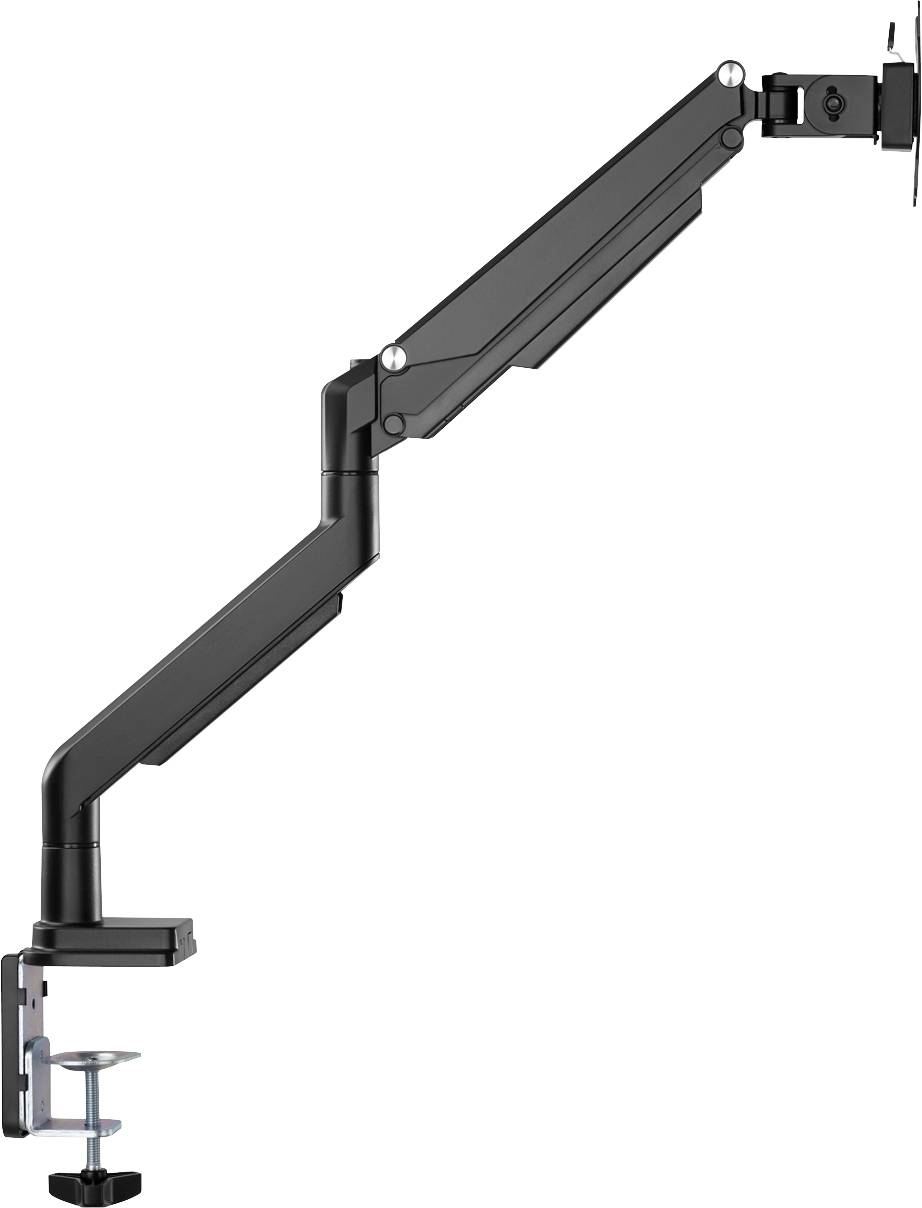 Schwarzer Monitorarm mit Gelenken zur flexiblen Befestigung eines Bildschirms an einem Schreibtisch.
