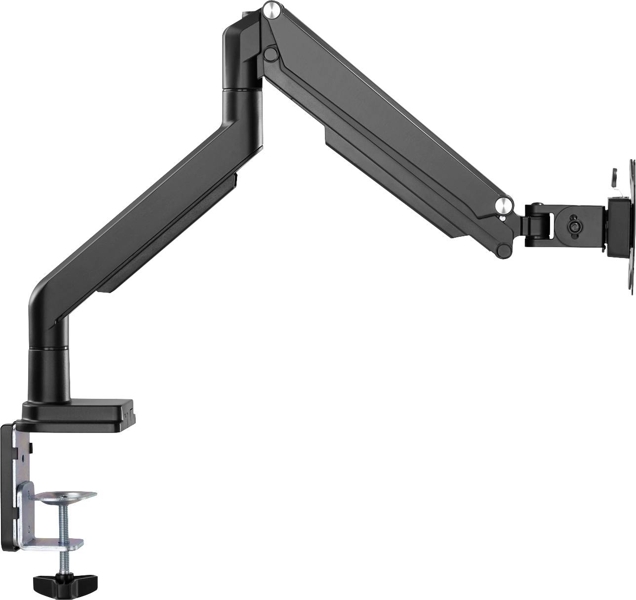 Ein schwarzer, verstellbarer Monitorarm mit einer Klemme zur Befestigung an einem Schreibtisch, geeignet zur ergonomischen Platzierung von Bildschirmen.