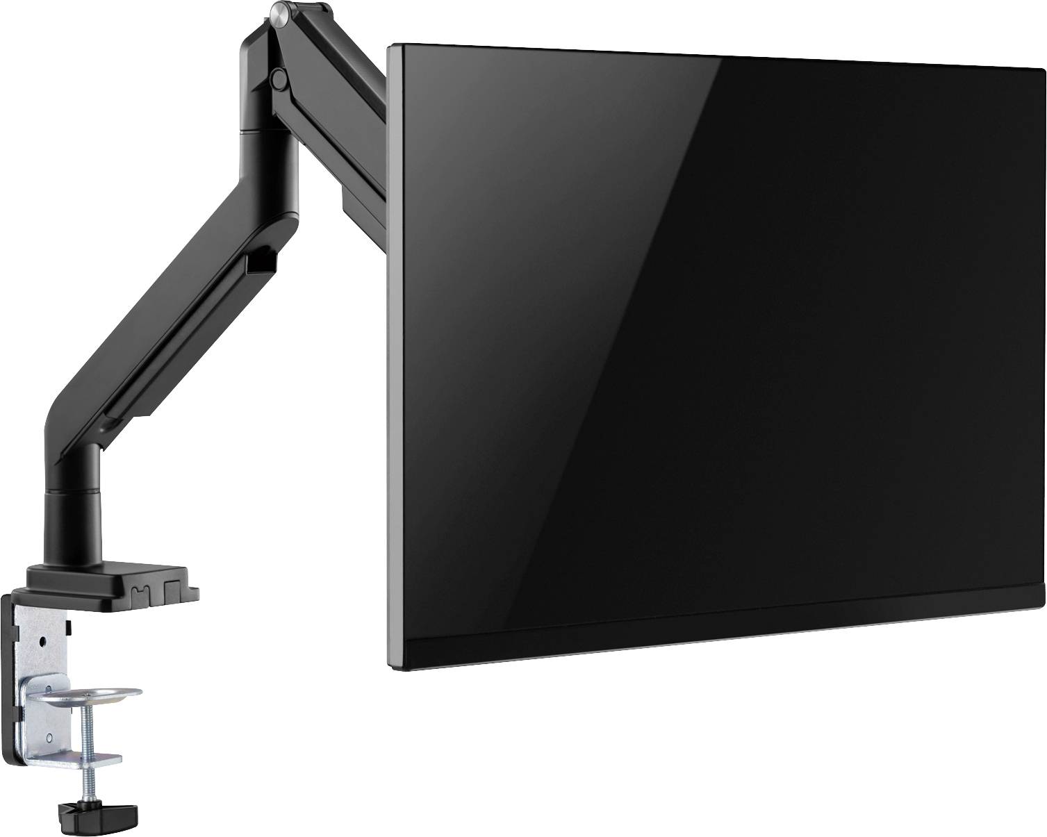 Ein schwarzer Computermonitor ist an einem beweglichen Arm montiert, der an einem Schreibtisch befestigt ist.