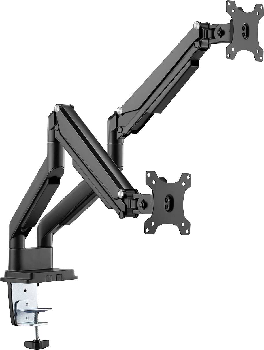 Zwei schwarze Monitorarme mit Gelenken, die an einem Tisch befestigt sind, zeigen flexible Halterungen für Monitore.