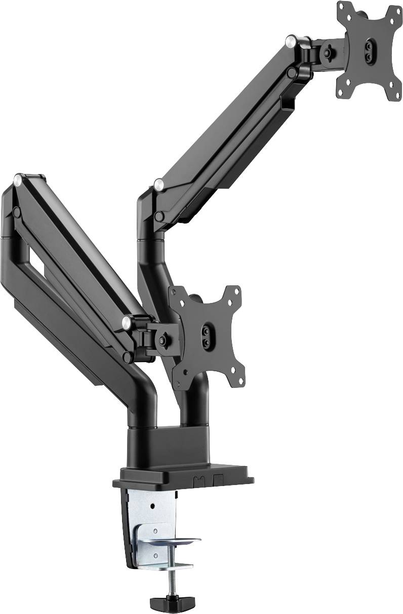 Doppelter Monitorarm in Schwarz, zeigt zwei verstellbare Halterungen für Bildschirme, montiert an einem Tisch mit Klemmbefestigung.