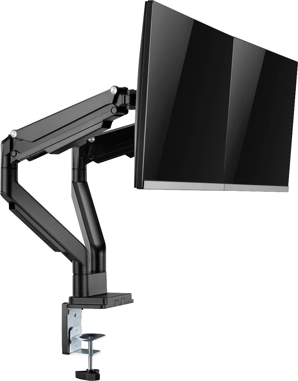 Ein schwarzer Monitorarm hält einen Bildschirm und ist mit einer Tischklemme am Schreibtisch befestigt. Der Arm ist höhenverstellbar.