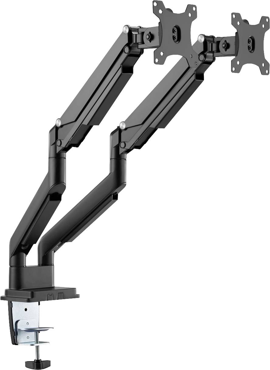 Zwei schwarze Monitorhalterungen mit flexiblen Armen und Tischklemme, die VESA-Halterungen unterstützen und für duale Monitor-Setups geeignet sind.