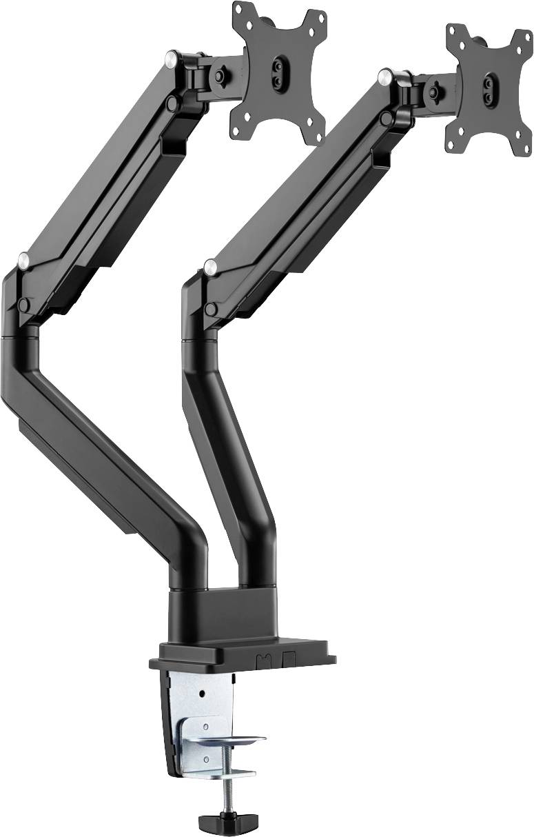 Doppelter Monitorhalter mit zwei schwarzen, verstellbaren Armen für die Montage von zwei Bildschirmen. Befestigung über Schreibtischklemme.
