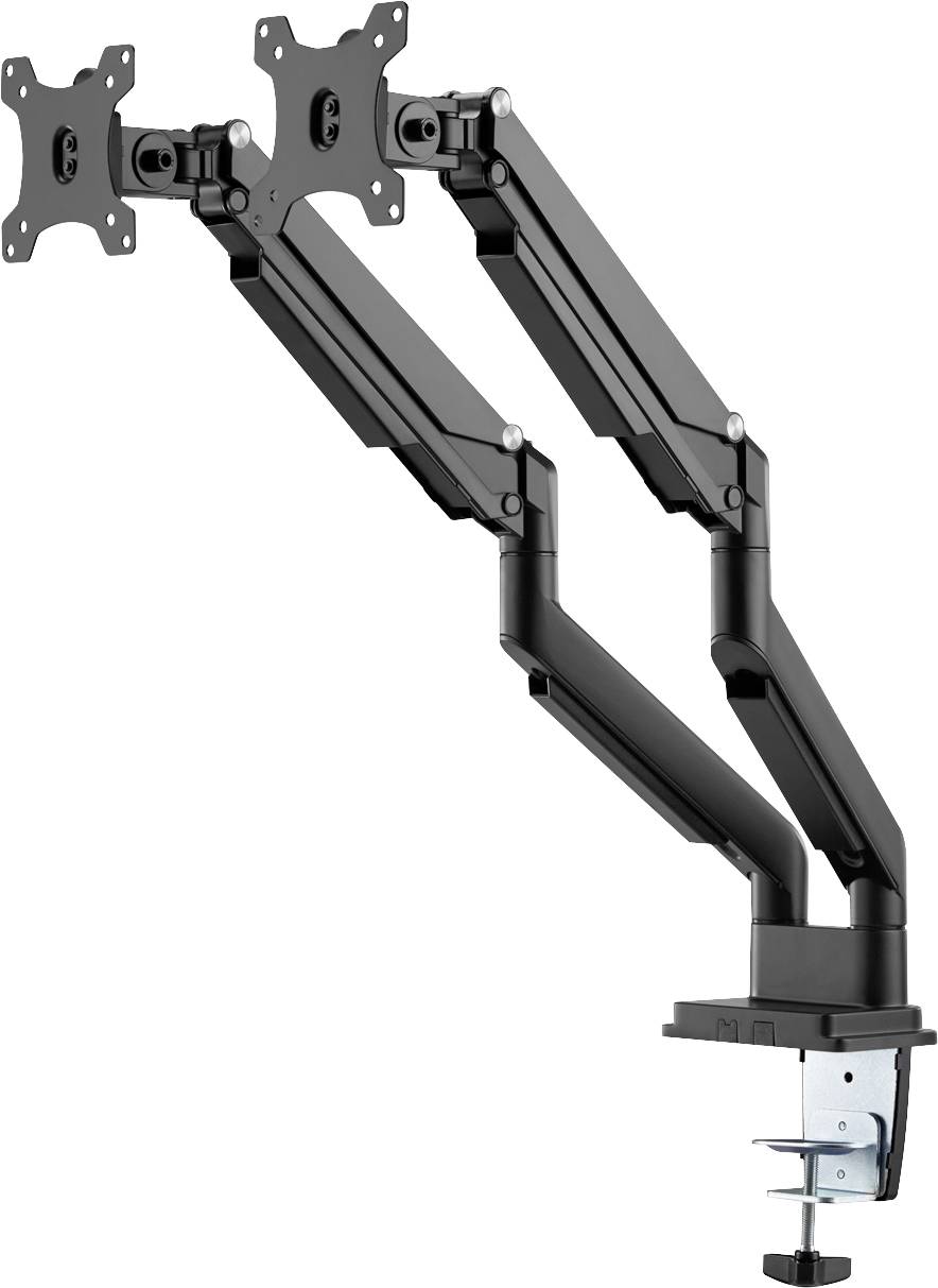 Ein dualer Monitorarm in Schwarz mit zwei verstellbaren Halterungen, die an einem Tisch montiert sind, für ergonomische Bildschirmplatzierung.