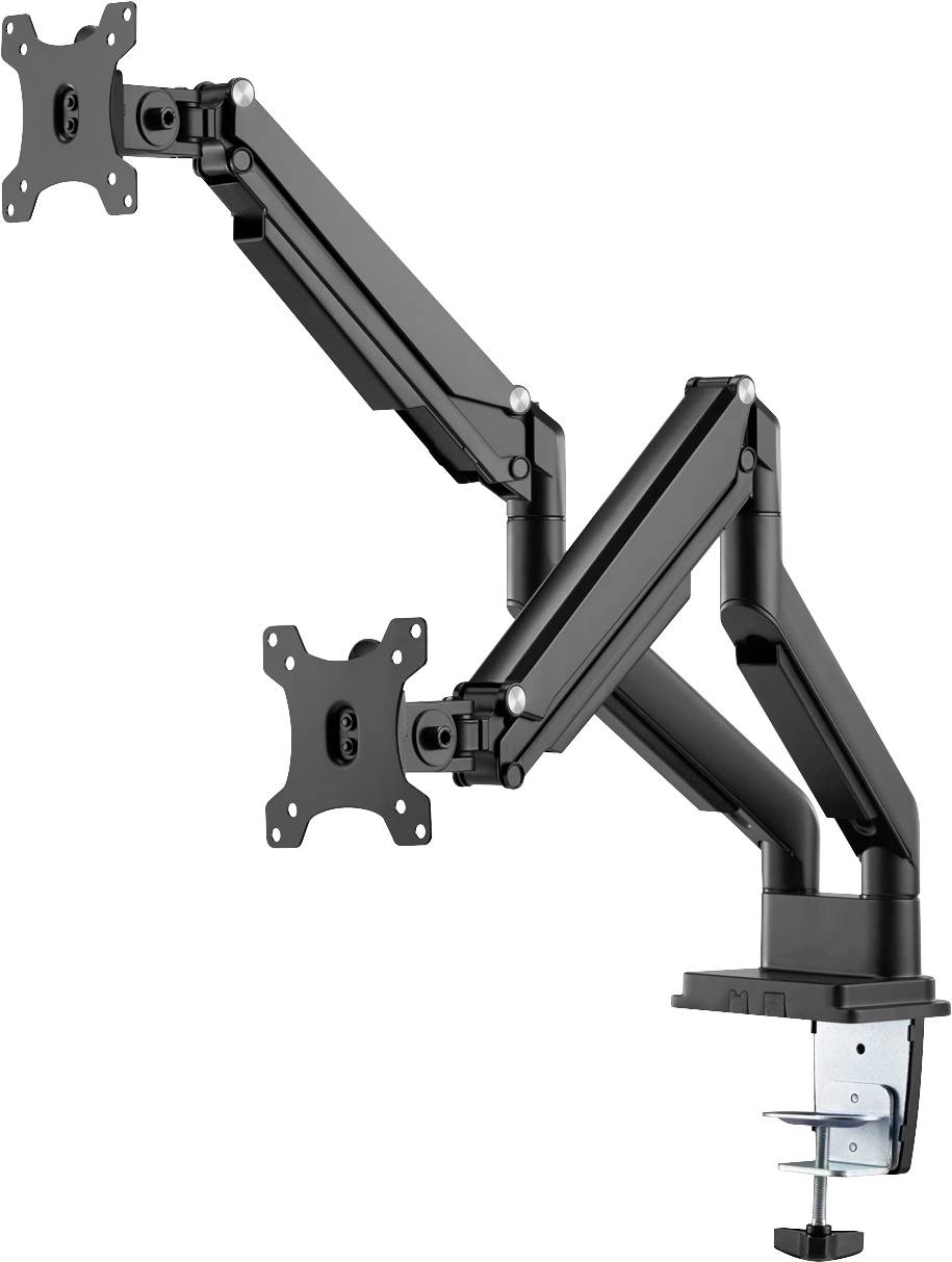 Doppelter Monitorarm aus Metall mit verstellbaren Gelenken und Tischklemme zur Befestigung. Geeignet für zwei Bildschirme zur Erhöhung der Flexibilität am Arbeitsplatz.