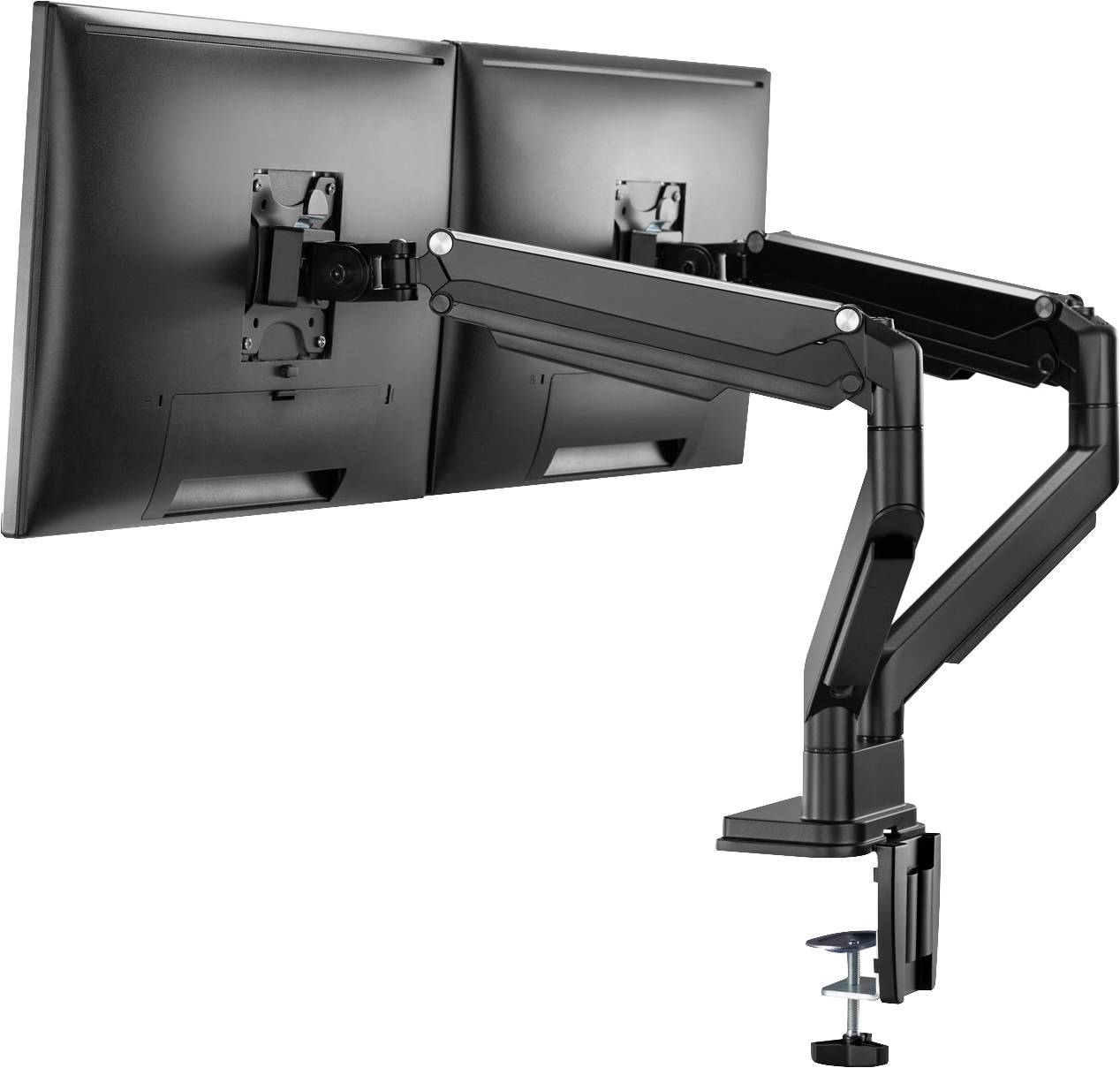 Computermonitorhalterung mit zwei schwenkbaren Armen, die zwei Monitore halten. Ideal für ergonomische Arbeitsplatzanpassung.