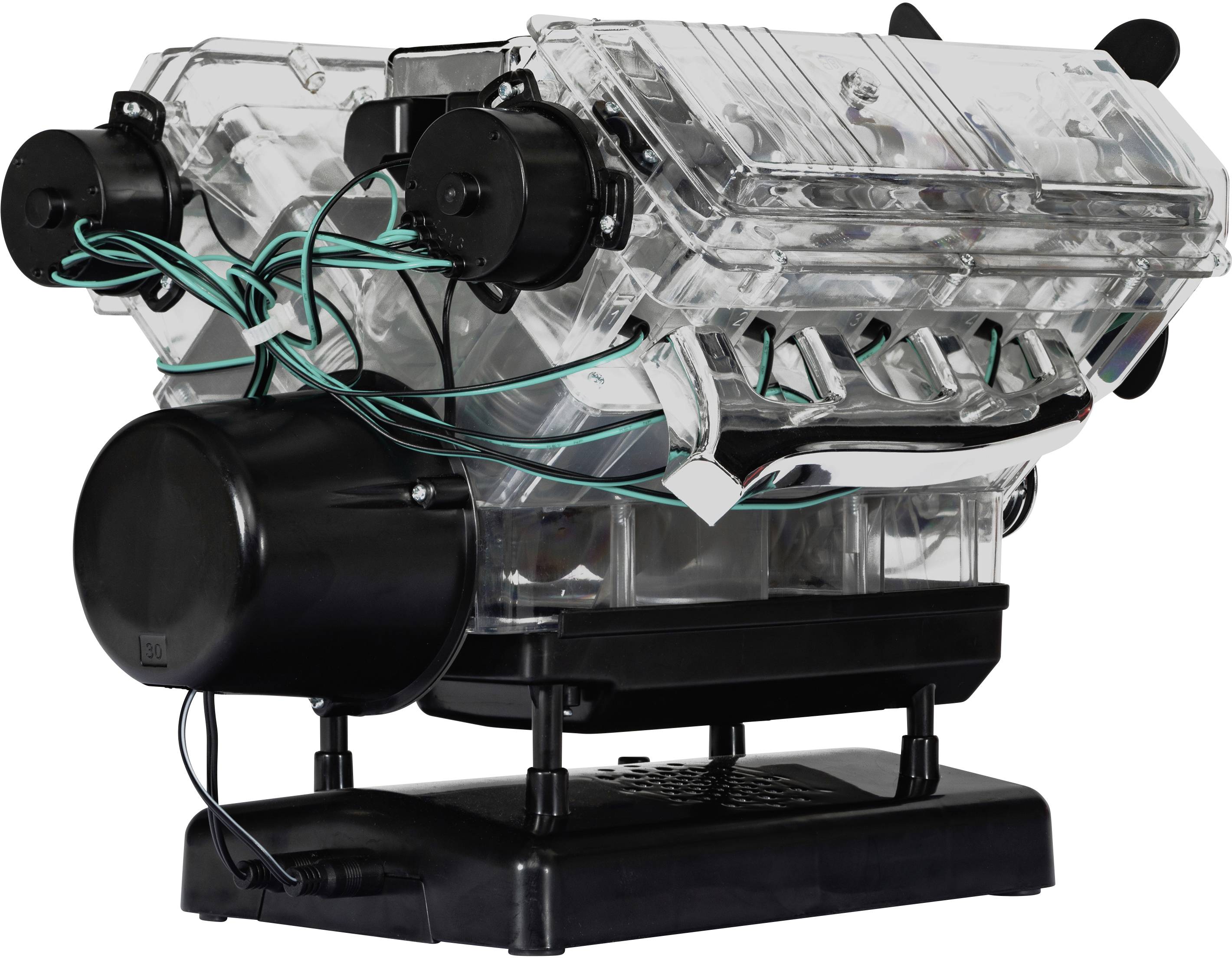 Ein transparenter Kunststoff-V8-Motor-Modell mit Kabeln und beweglichen Teilen, deutlich sichtbare Kolben und Zündkerzen.