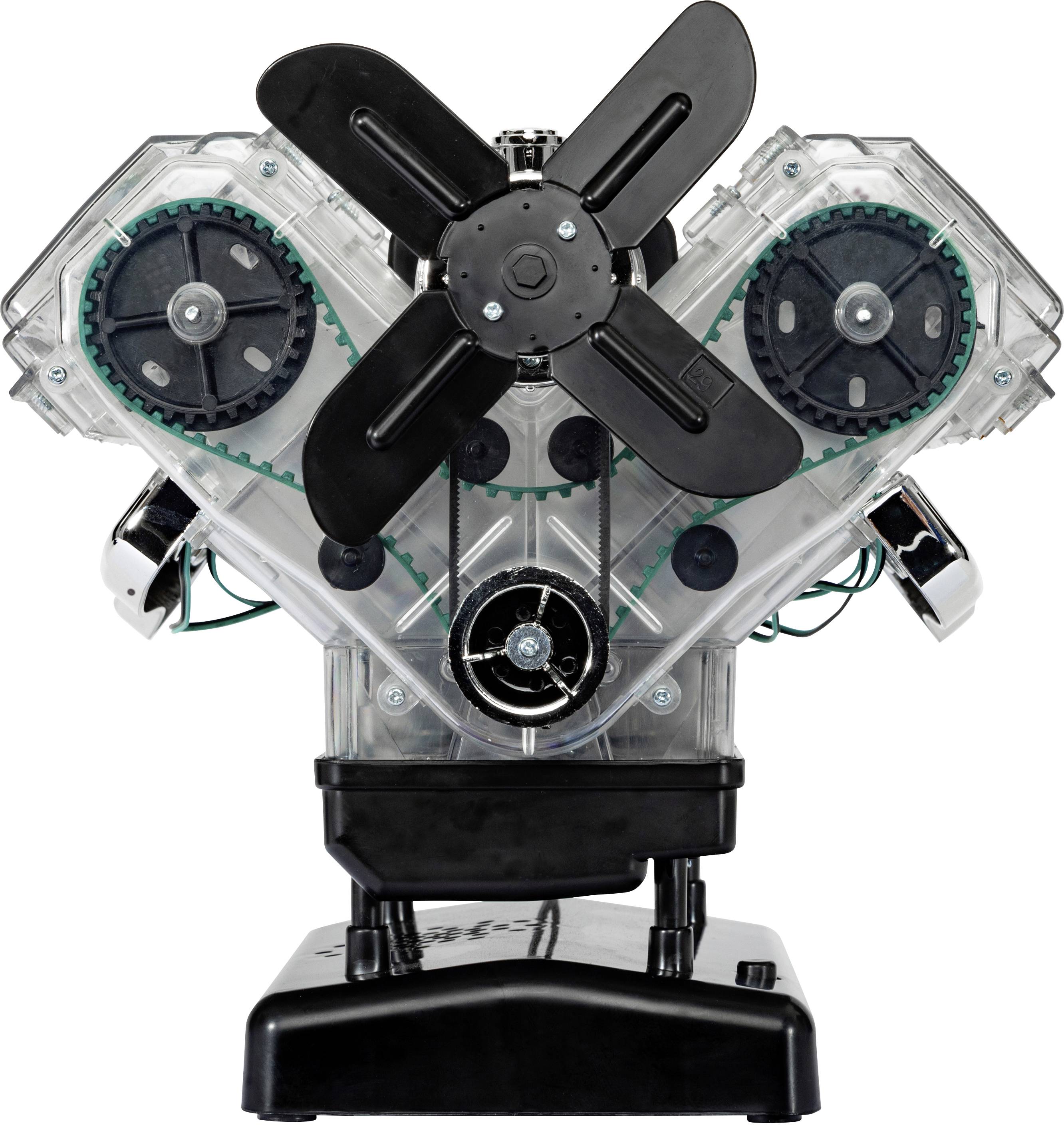 Ein transparenter Modellmotor zeigt interne Zahnräder, Riemen und einen Lüfter, der die Mechanik eines Verbrennungsmotors veranschaulicht.