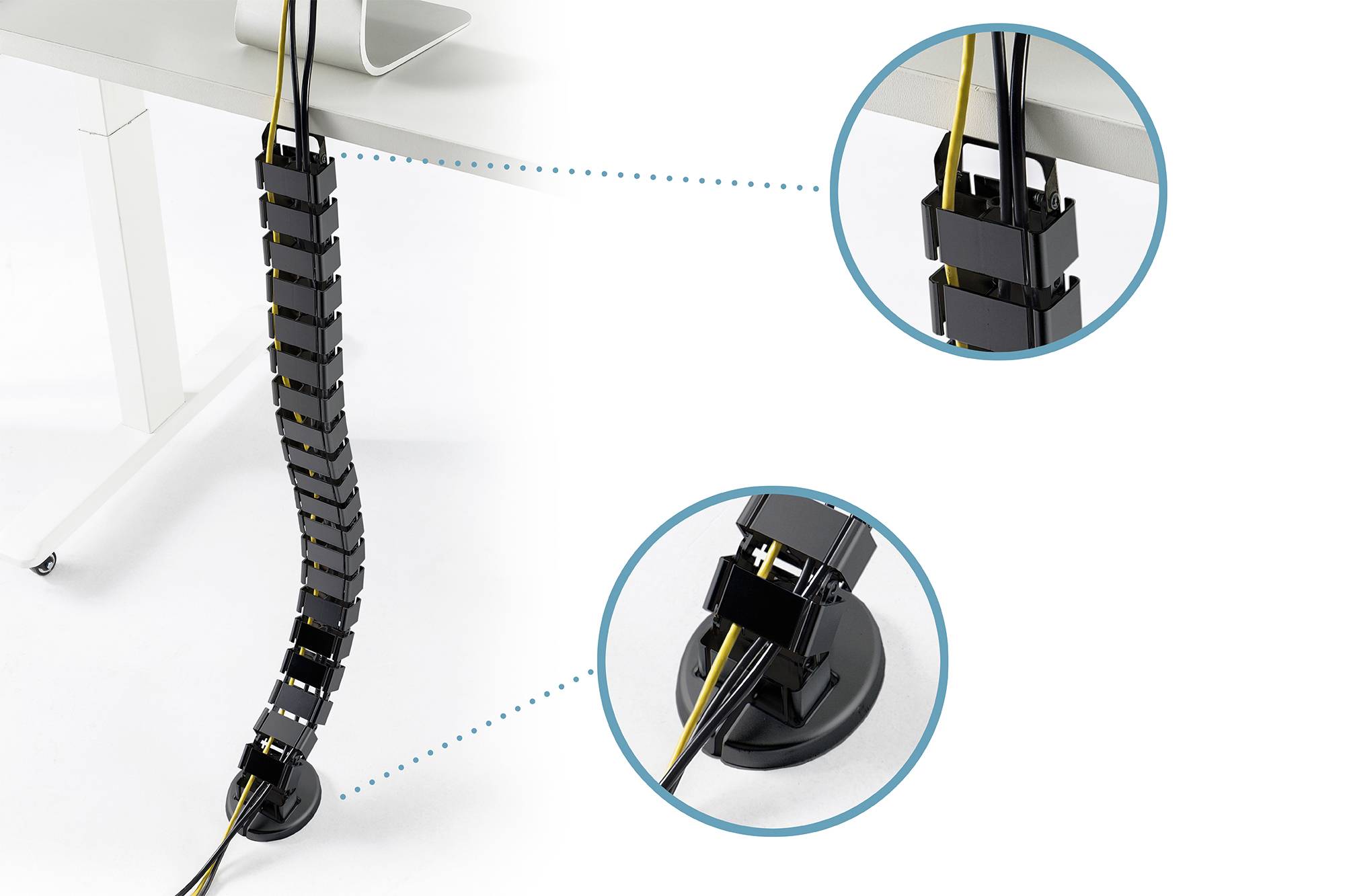 Kabelmanagement-System unter einem Schreibtisch. Zwei Detailansichten zeigen Kabelkanäle, die Kabel geordnet und geschützt führen.