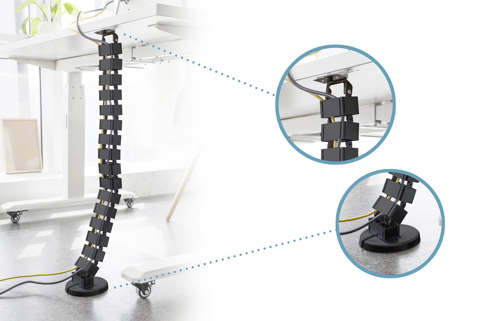 Schreibtisch-Kabelmanagement: Vertikaler Kabelkanal, der Kabel organisiert. Nahansicht zeigt flexibles Design und Bodenbefestigung.