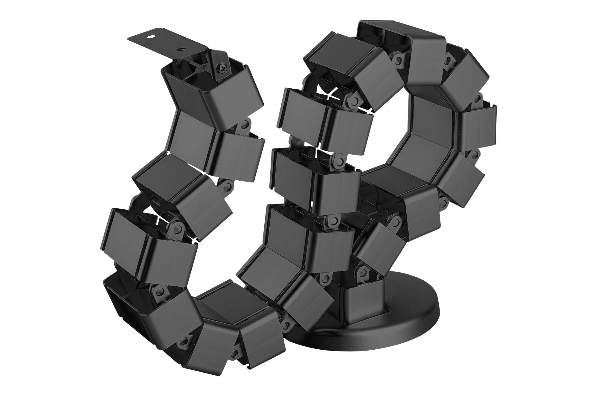 Ein flexibler Kabelkanal in Schwarz, spiralig aufgerollt, gehalten auf einer runden Basisplatte.