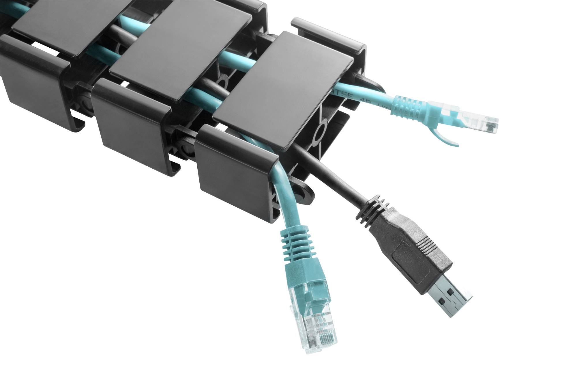Ein Kabelmanagementsystem organisiert zwei Ethernet-Kabel mit blauen Steckern und ein schwarzes USB-Kabel in schwarzen Haltern.