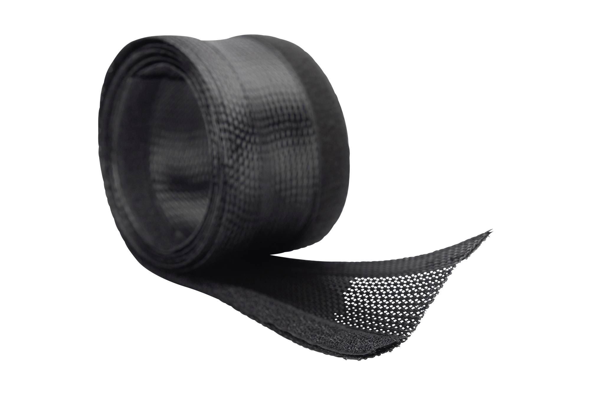 Eine Rolle schwarzes isolierendes Band mit gewebter Struktur, teils abgewickelt. Ideal für Kabelmanagement und Schutz.