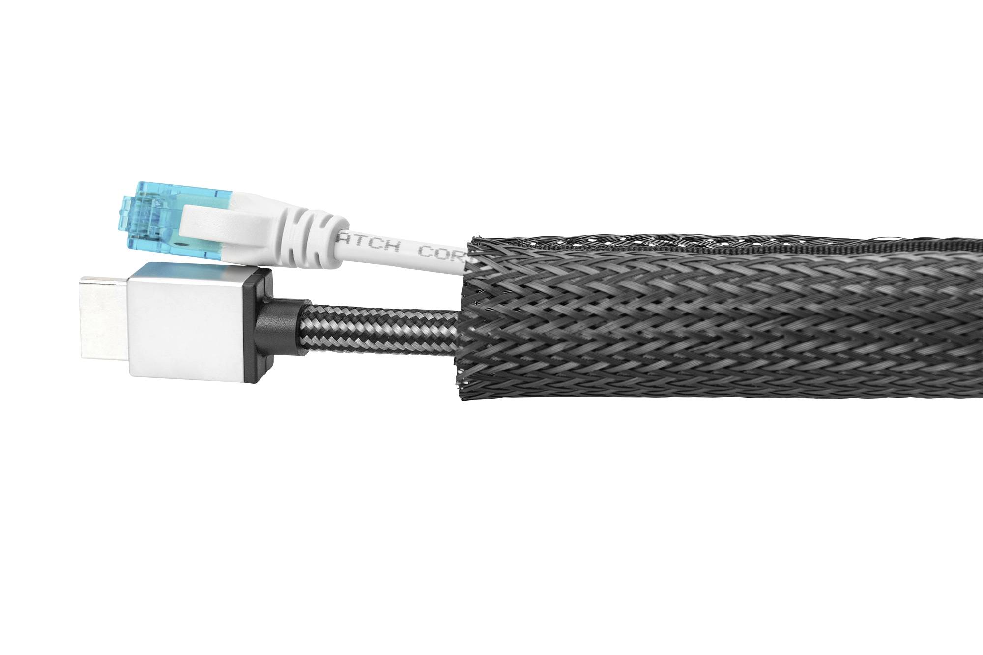 'Netzwerk- und USB-Kabel in einem geflochtenen Kabelschutz', zeigt zwei Arten von Kabeln gebündelt für Schutz und Organisation.