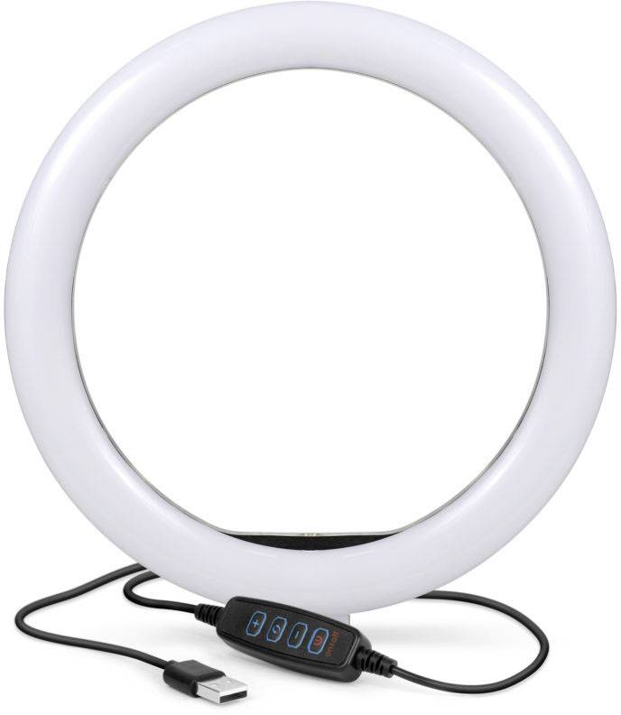 Ein runder LED-Ringlicht mit USB-Anschluss und Bedienelementen, ideal für Videoaufnahmen oder Fotografie zur Verbesserung der Beleuchtung.