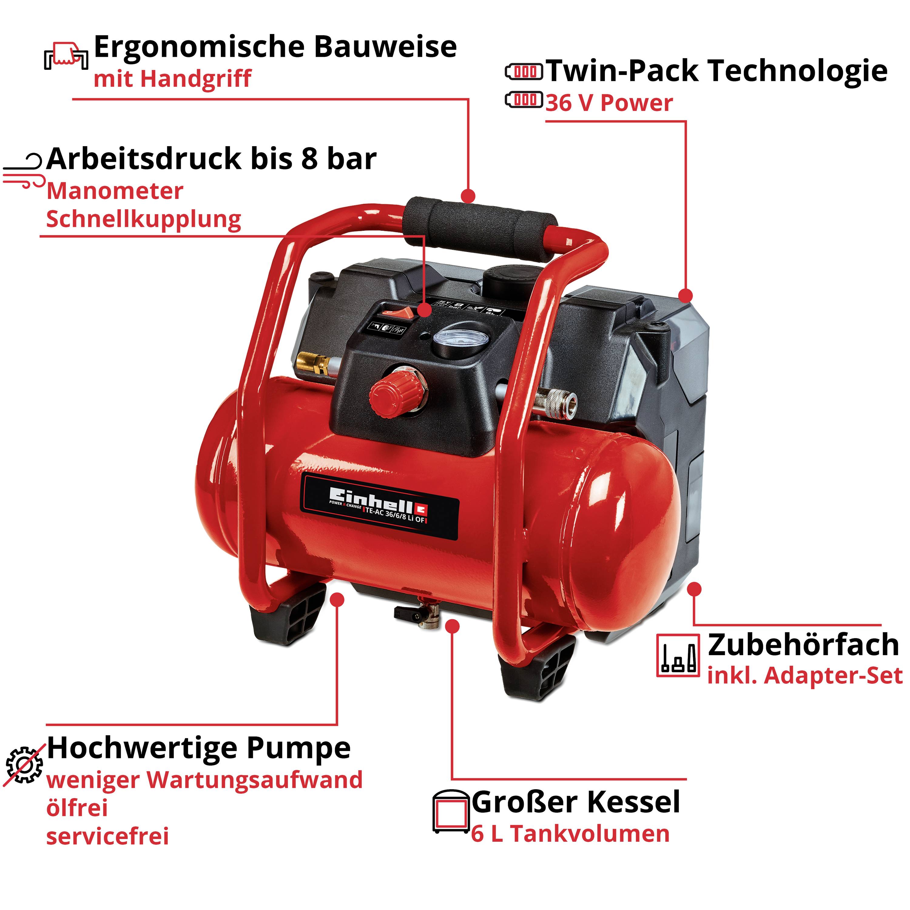 Einhell 4020450 Kompressor Power X-Change TE-AC 36/6/8 Li – Solo 8 bar 1 Zylinder