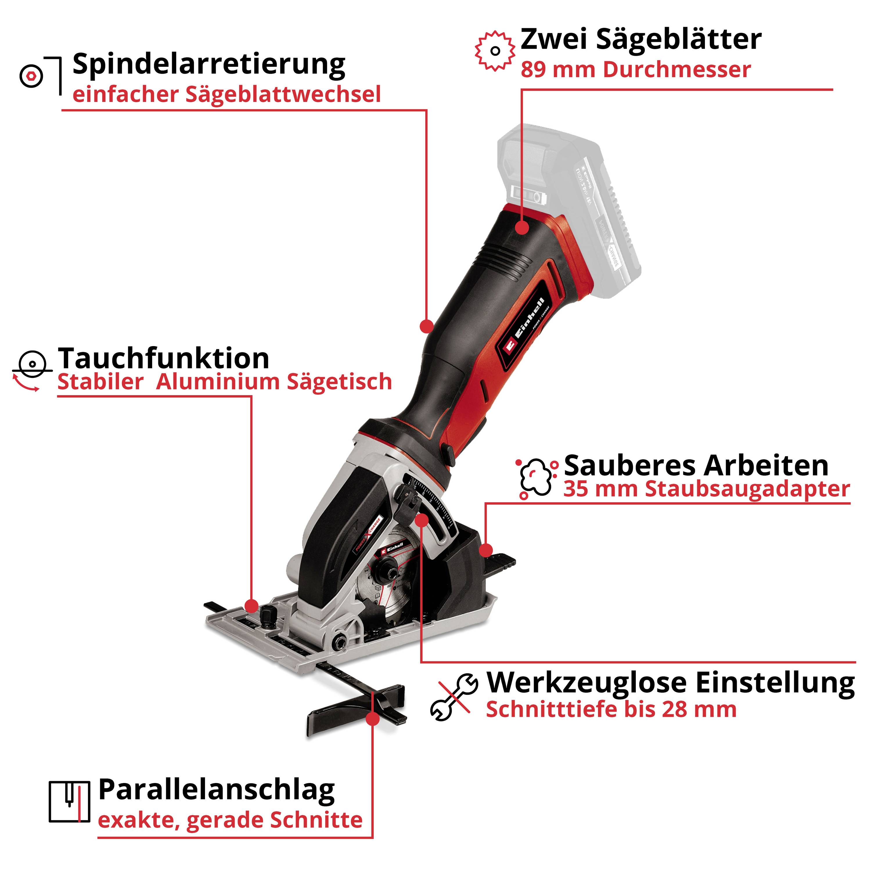 Akkusäge mit Tauchfunktion und zwei Sägeblättern. Inklusive Spindelarretierung, Staubsaugeradapter und werkzeuglosen Einstellungen.