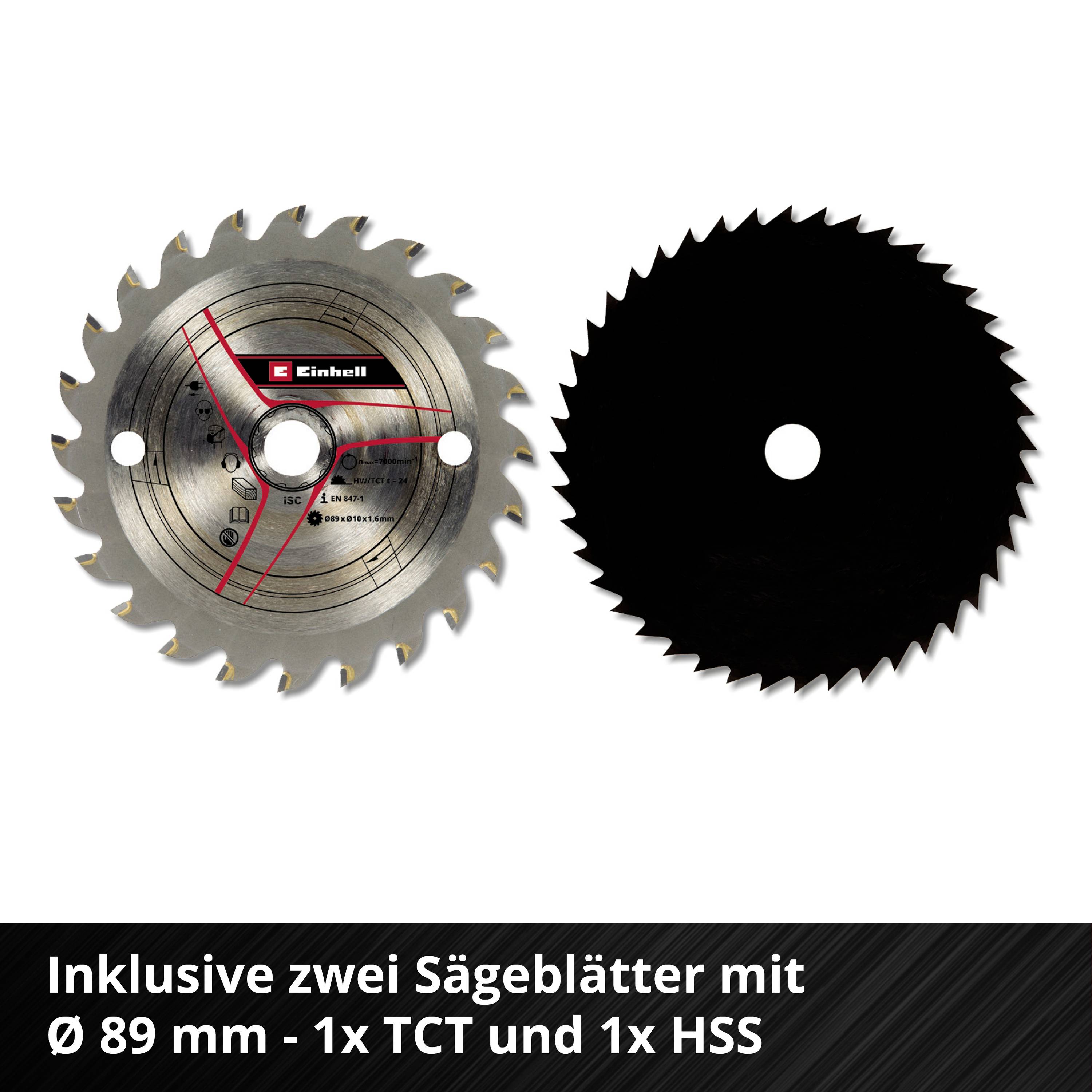 Zwei Sägeblätter mit Ø 89 mm, links TCT und rechts HSS.