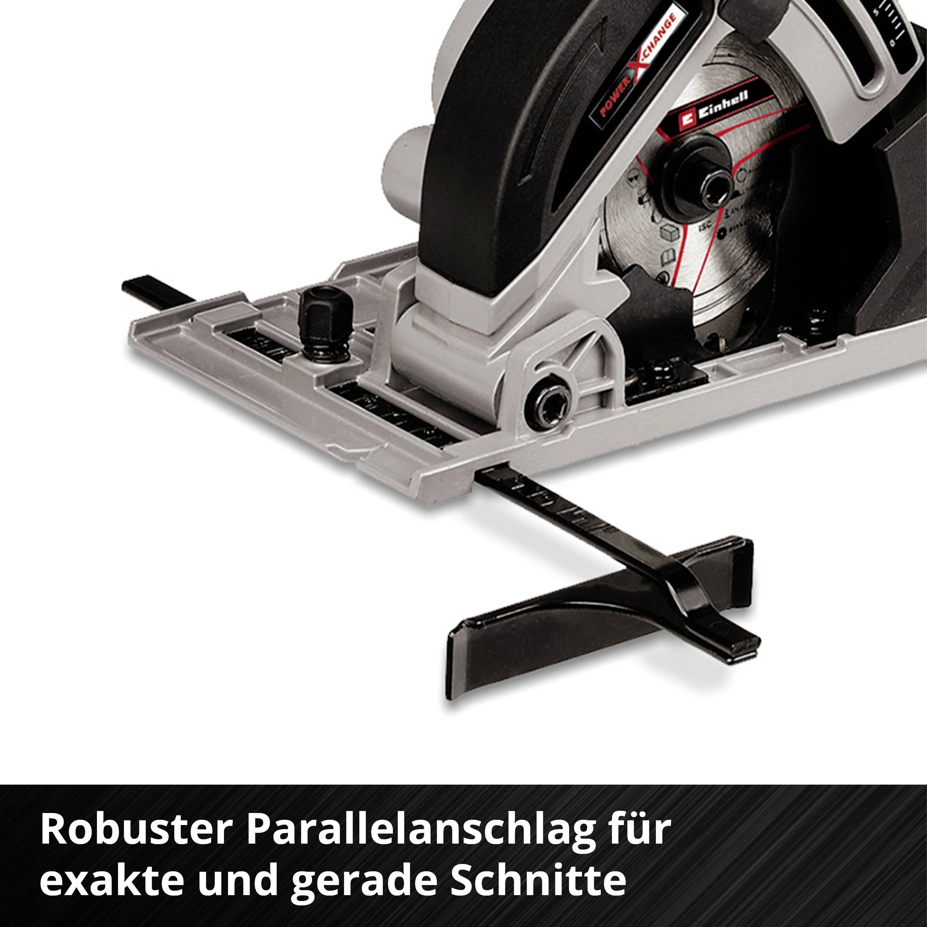 Elektrowerkzeug mit Sägeblatt und Einstellmechanismus. Text unten: 'Robuster Parallelanschlag für exakte und gerade Schnitte'.