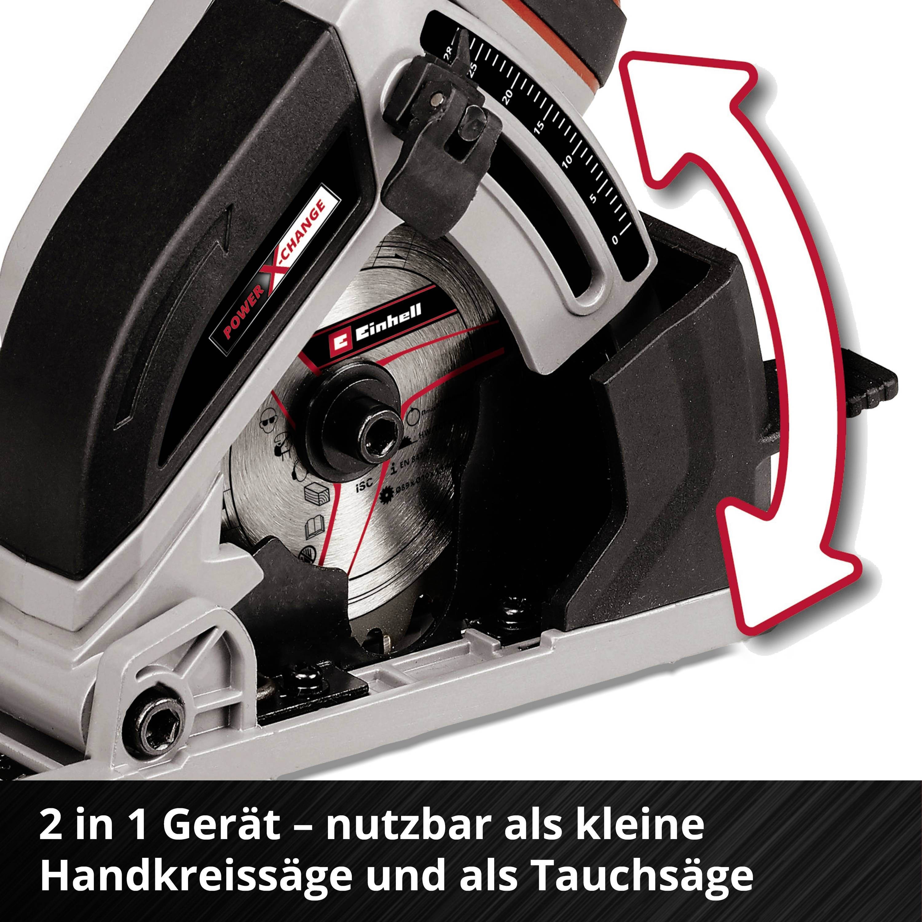 Tauchsäge und Kreissäge von Einhell, Darstellung der Verstellmöglichkeiten. Text: 2 in 1 Gerät – nutzbar als kleine Handkreissäge und als Tauchsäge.