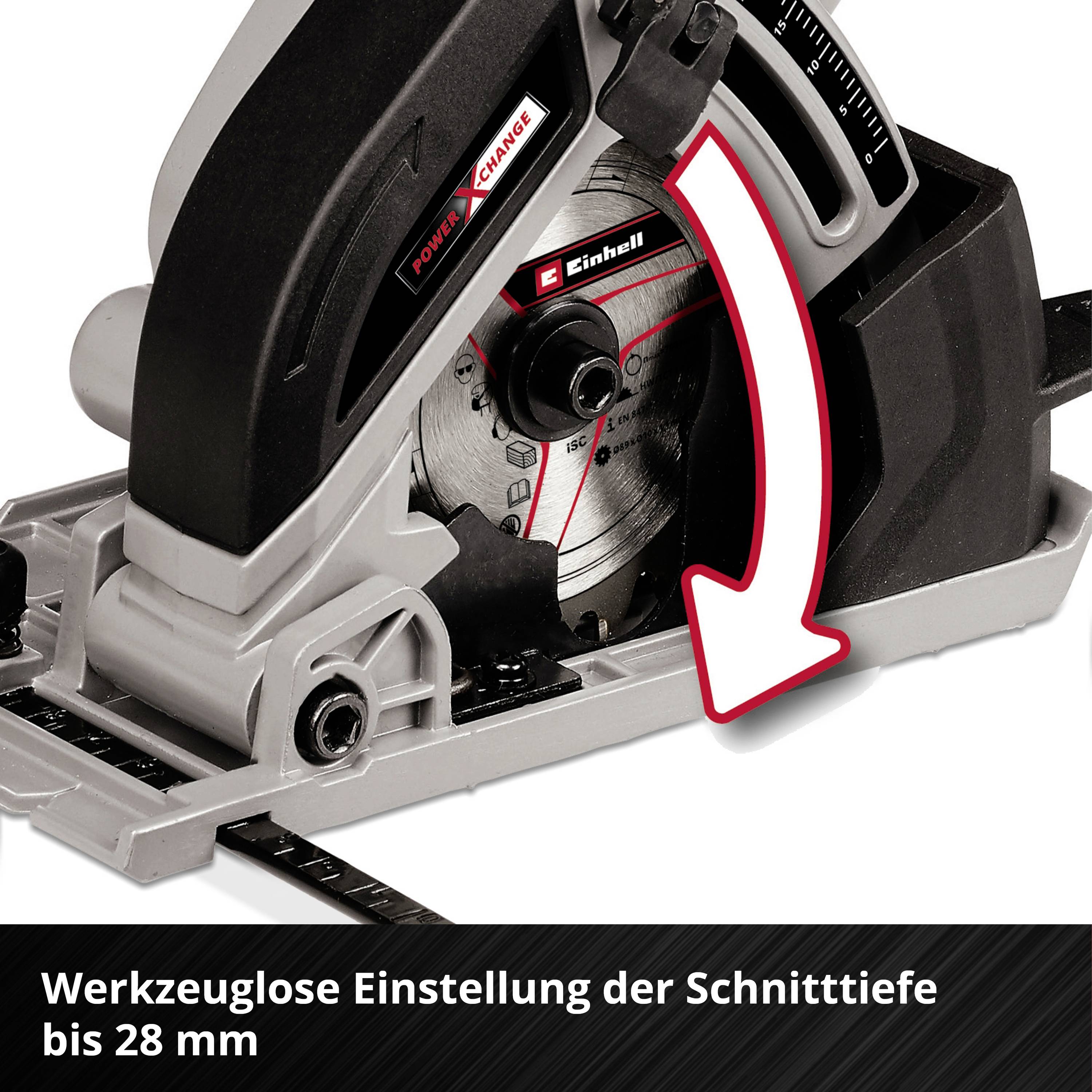 Kappsäge mit rotem Pfeil zeigt Einstellung für Schnitttiefe an. Text unten: 'Werkzeuglose Einstellung der Schnitttiefe bis 28 mm'.