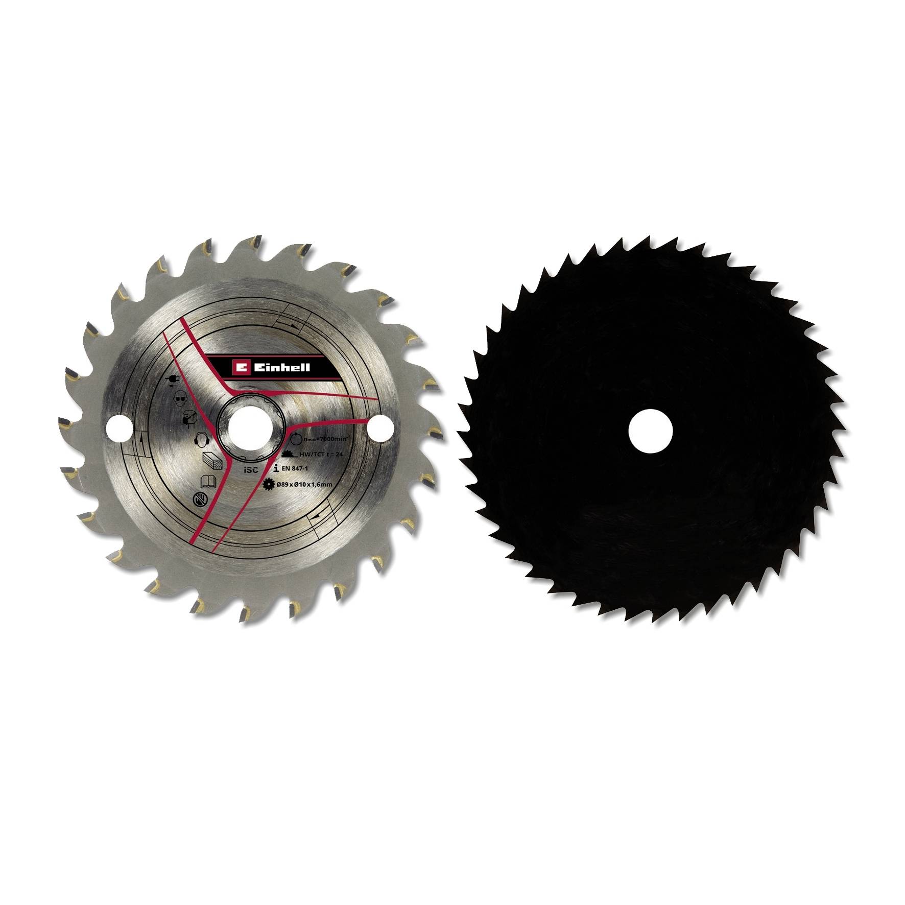 Zwei Kreissägeblätter, links ein metallisches mit Einhell-Logo, rechts ein schwarzes Blatt, beide mit mittigem Loch.