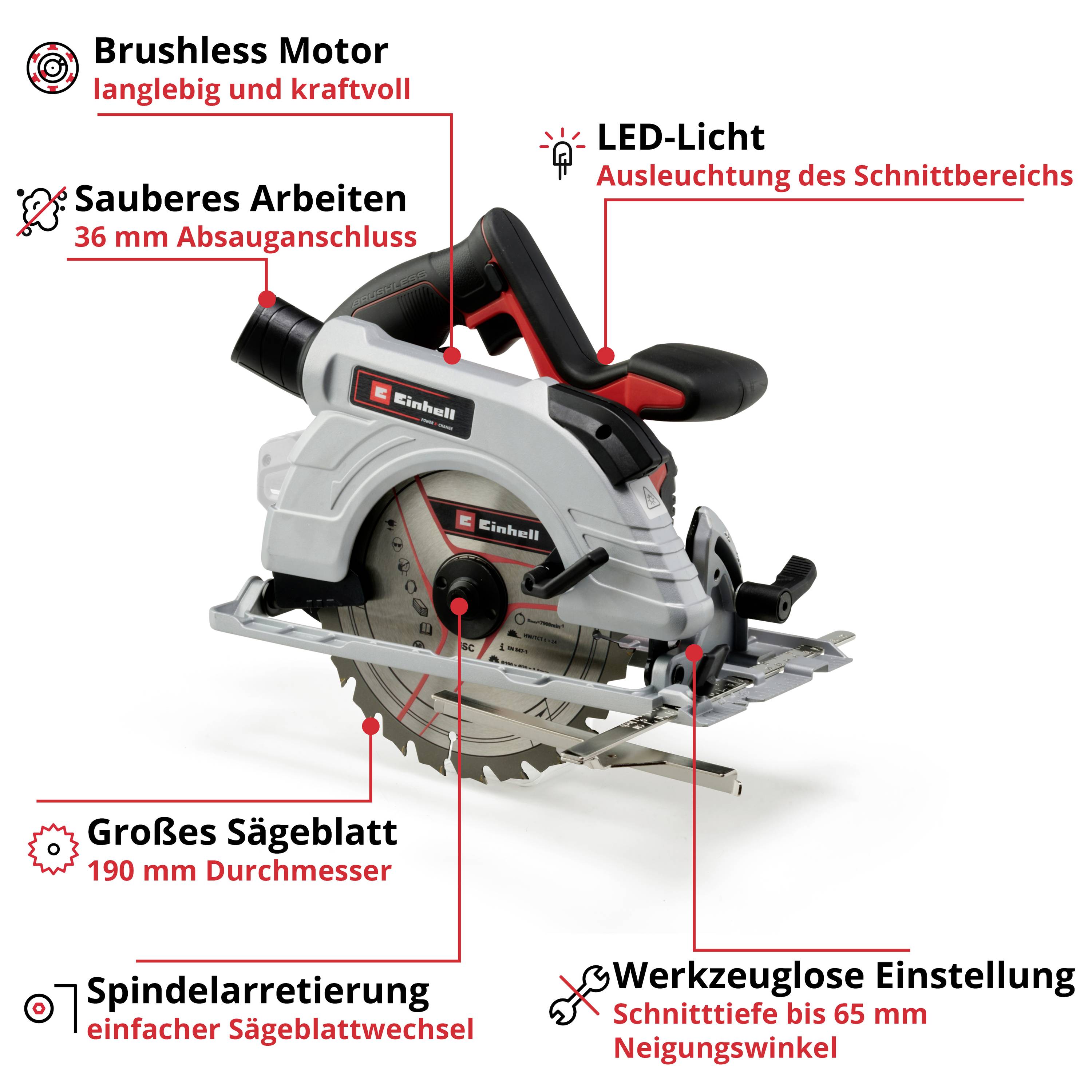 Einhell Professional TP-CS 18/190 Li BL - Solo Akku-Handkreissäge Schnitttiefe max. (90°) 65mm bürstenlos, ohne Akku, ohne