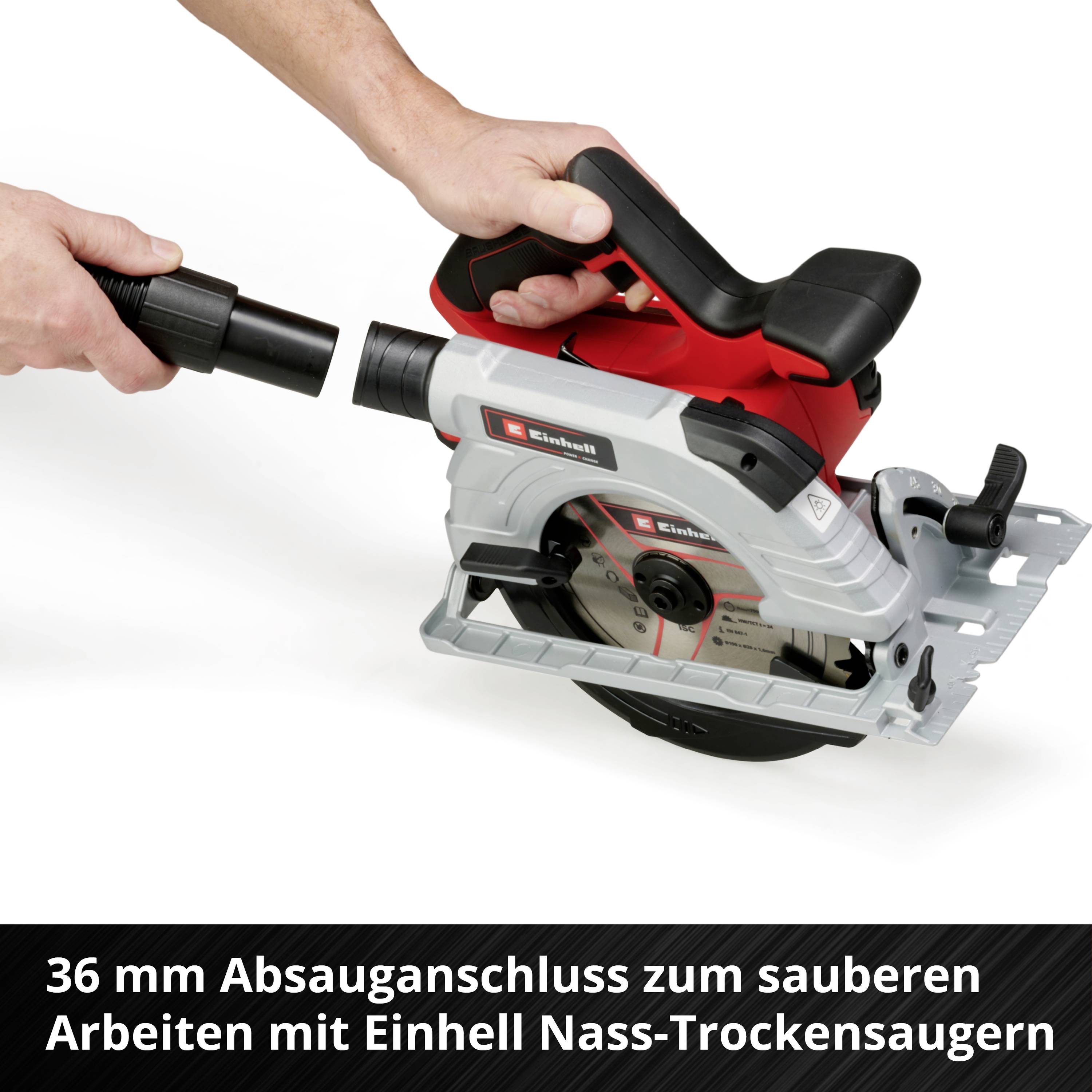 Hand hält eine Handkreissäge mit 36 mm Absauganschluss, Text: 'Absauganschluss zum sauberen Arbeiten mit Einhell Nass-Trockensaugern'.