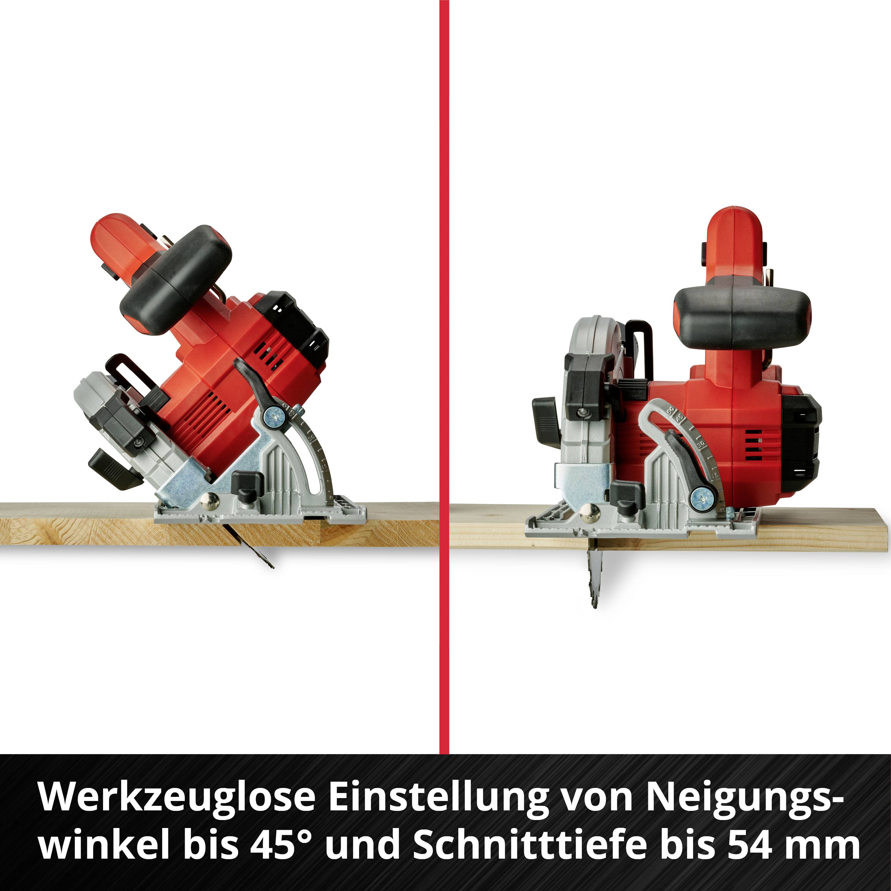 'Werkzeuglose Einstellung von Neigungswinkel bis 45° und Schnitttiefe bis 54 mm.' Zwei rote Kreissägen nebeneinander auf Holz.