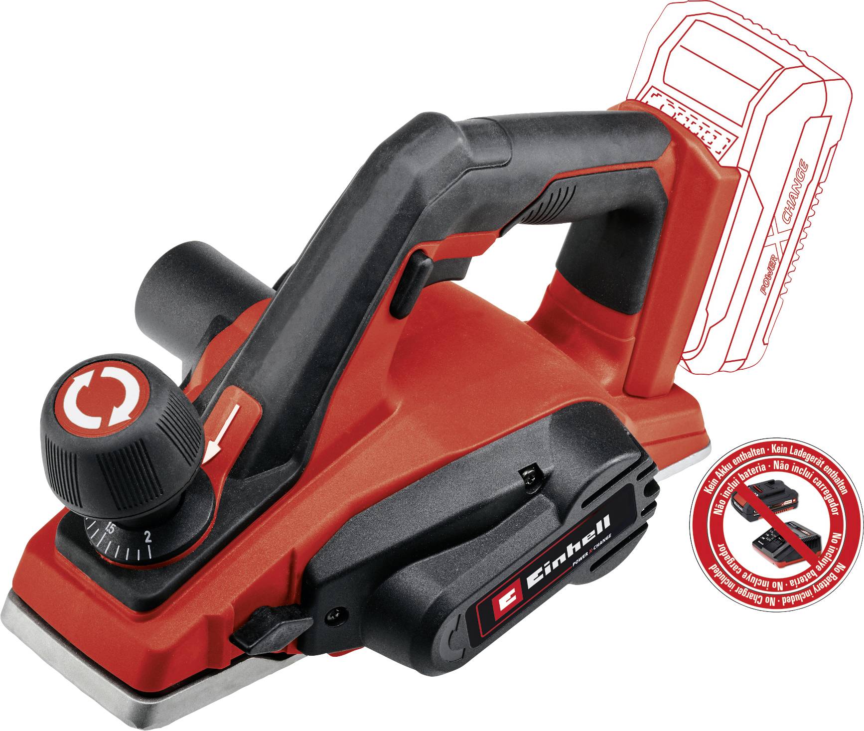 Eine rote Elektro-Handhobelmaschine mit schwarzem Griff und Drehknopf. Im Hintergrund ist die Silhouette eines Akkus skizziert.