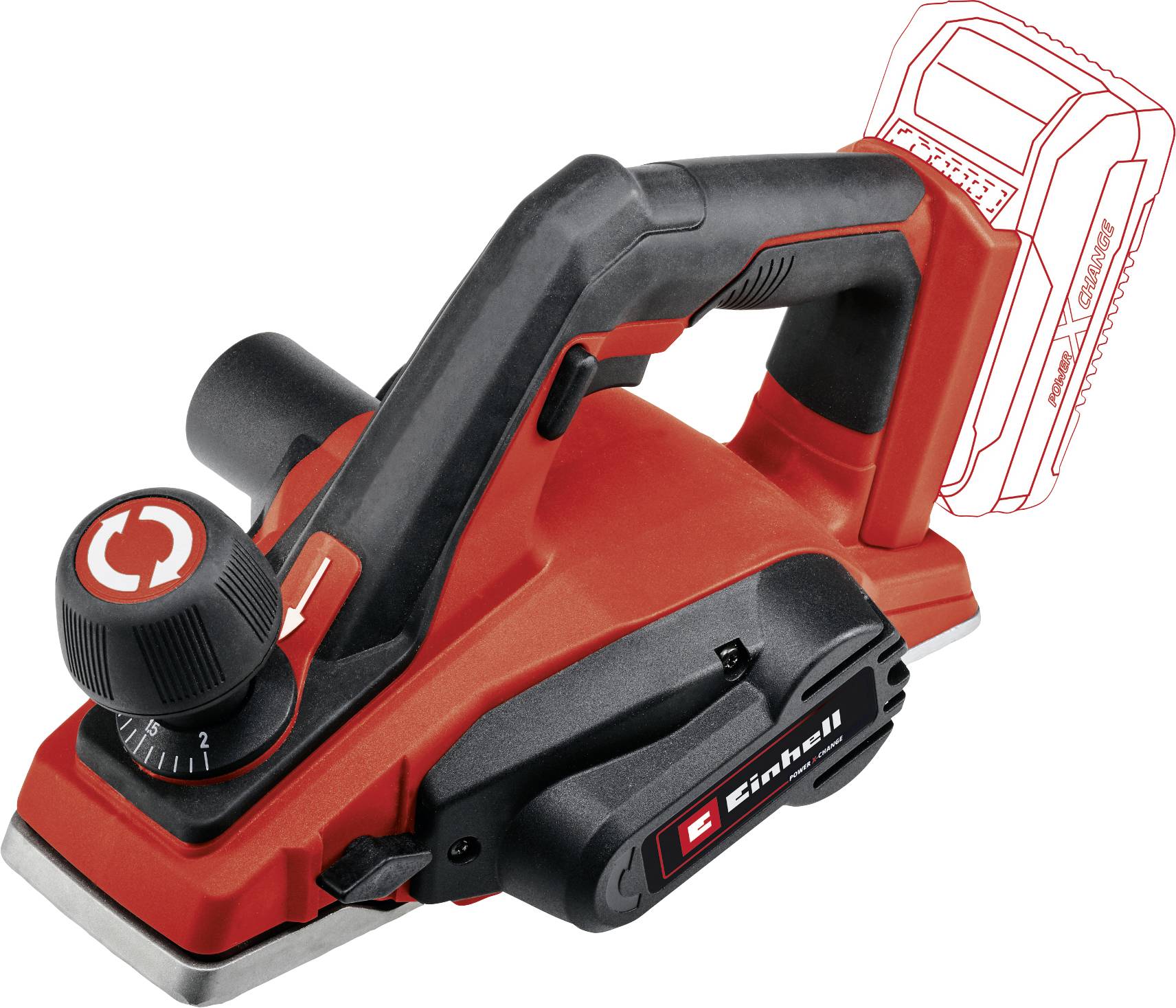 Elektrischer Handhobel in Rot und Schwarz, kompakte Bauweise, ergonomischer Griff, Drehknopf zur Einstellung der Hobeltiefe, Batterie nicht enthalten.