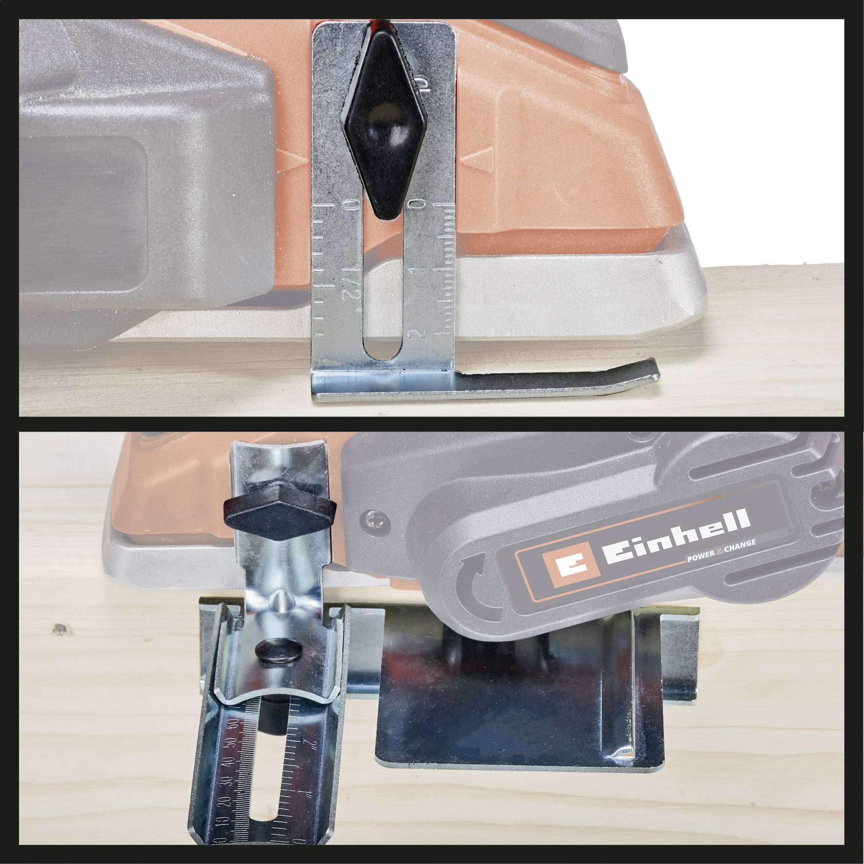 'Oberes Bild: Detail einer Werkzeugklinge mit Messskala. Unteres Bild: Werkzeugbasis auf Holz, Marke „Einhell“ sichtbar.