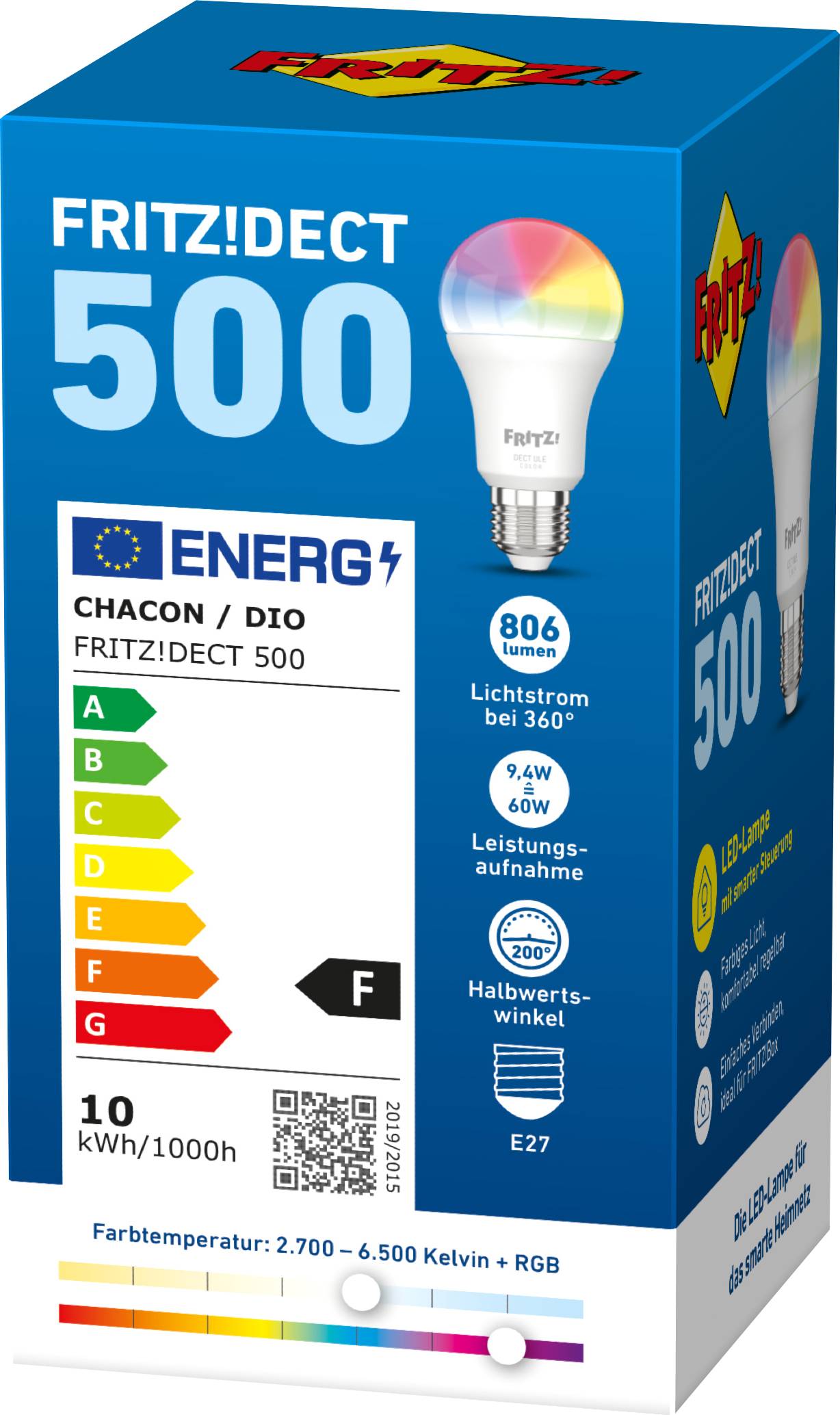 Fritz! LED-Leuchtmittel EEK: F (A - G) FRITZ!DECT 500 E27 9 W Warmweiß, Kaltweiß, RGB