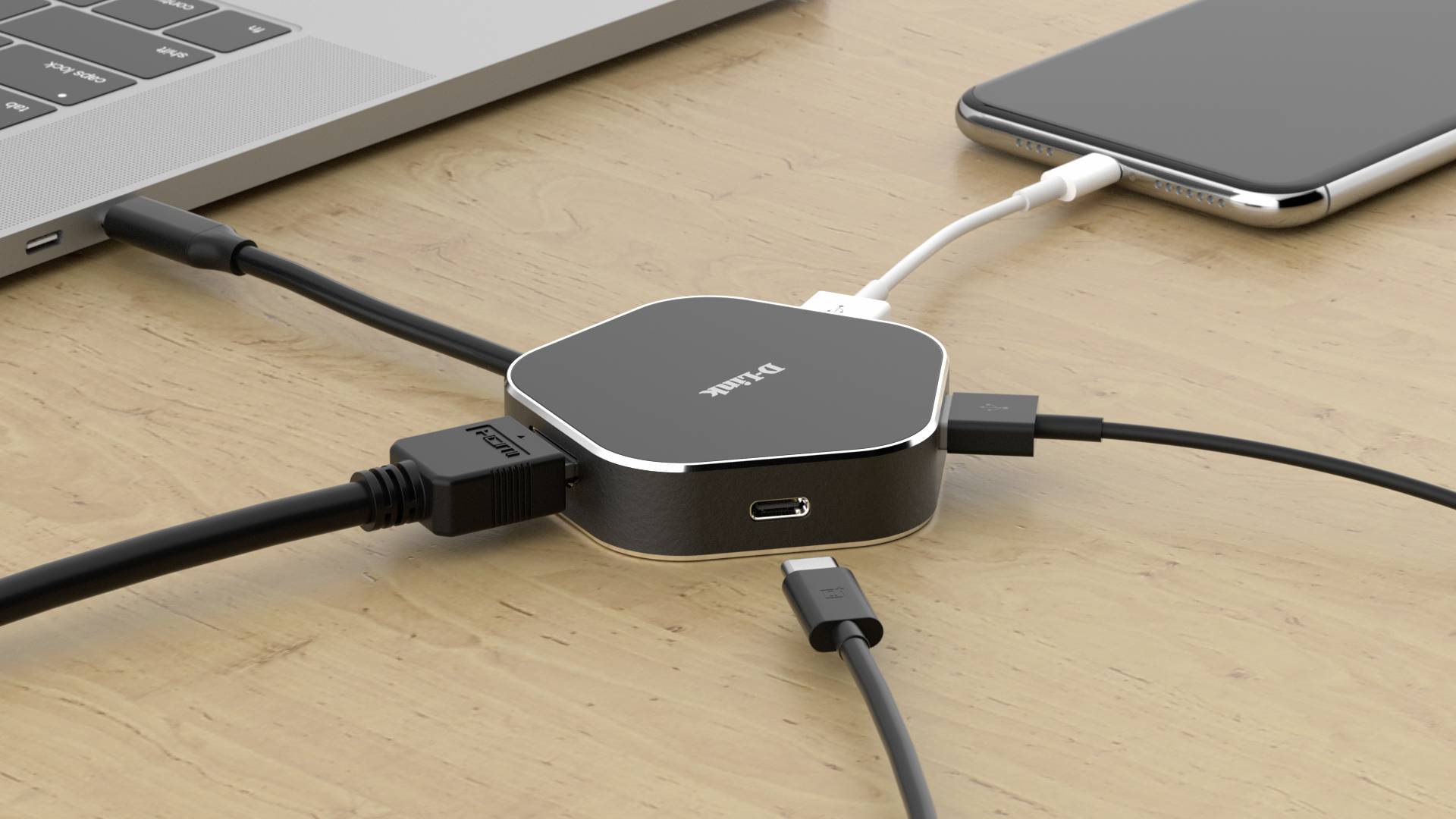 DUB-M420 4in1 USB-C Hub mit HDMI USB-C Ladeanschluss schwarz silber
