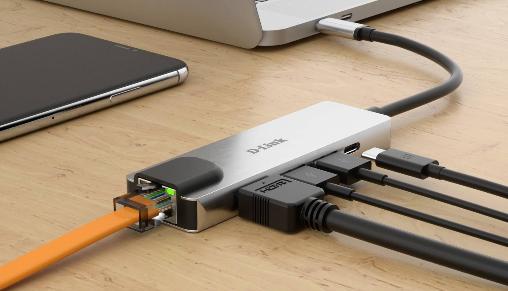 Ein Laptop ist mit einem USB-C-Hub verbunden, der mehrere Kabel unterstützt, darunter Ethernet, HDMI und USB, zur Erweiterung der Anschlüsse.