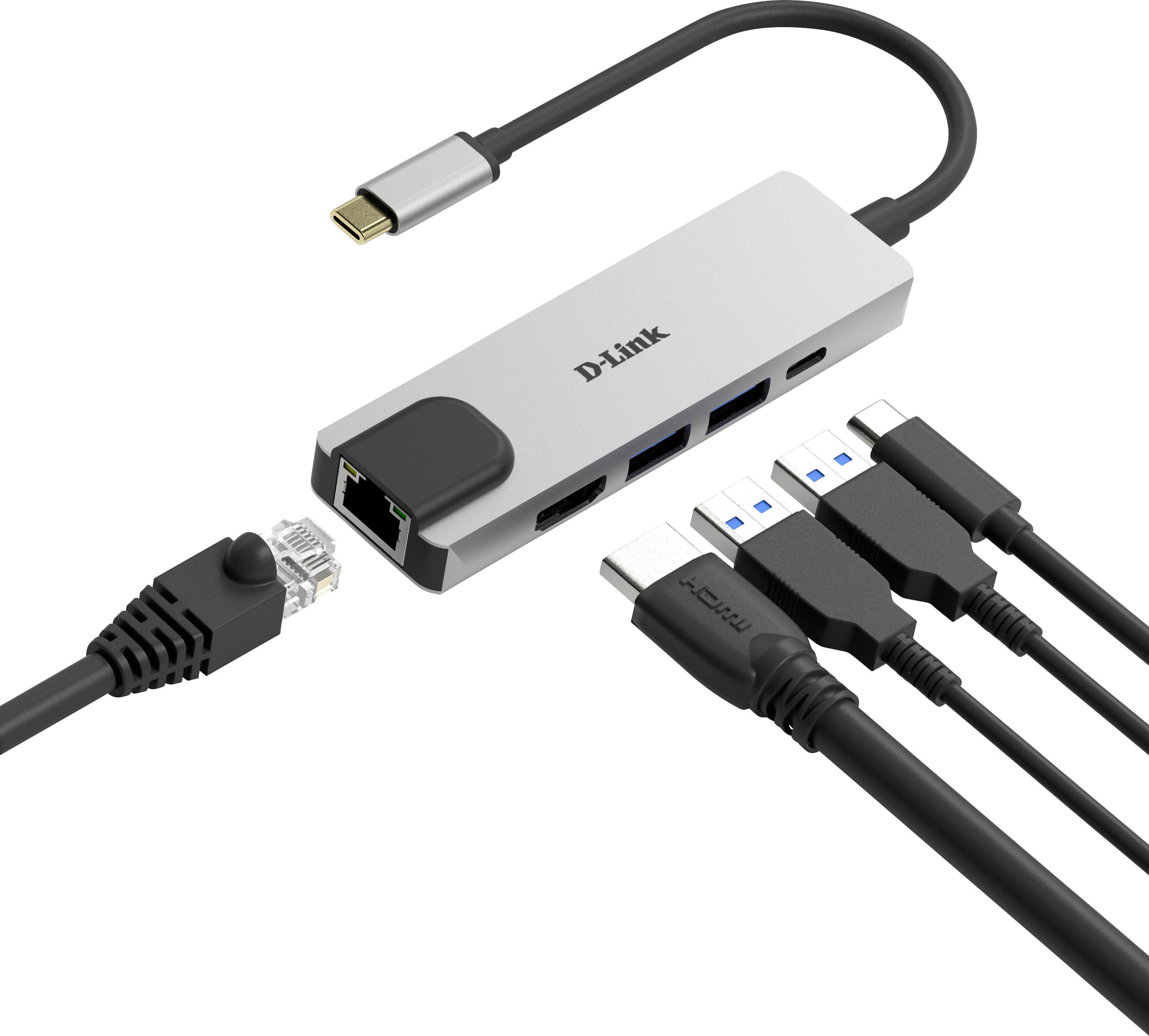 Ein USB-C-Hub mit mehreren Anschlüssen: HDMI, 2 USB-A, Ethernet und weiteres USB-C-Kabel, angezeigt mit verbundenen Kabeln.