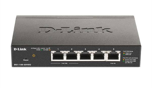 Ein schwarzer D-Link Netzwerk-Switch mit fünf Ethernet-Ports und PoE-Funktionalität, geeignet für kleine bis mittlere Netzwerke.