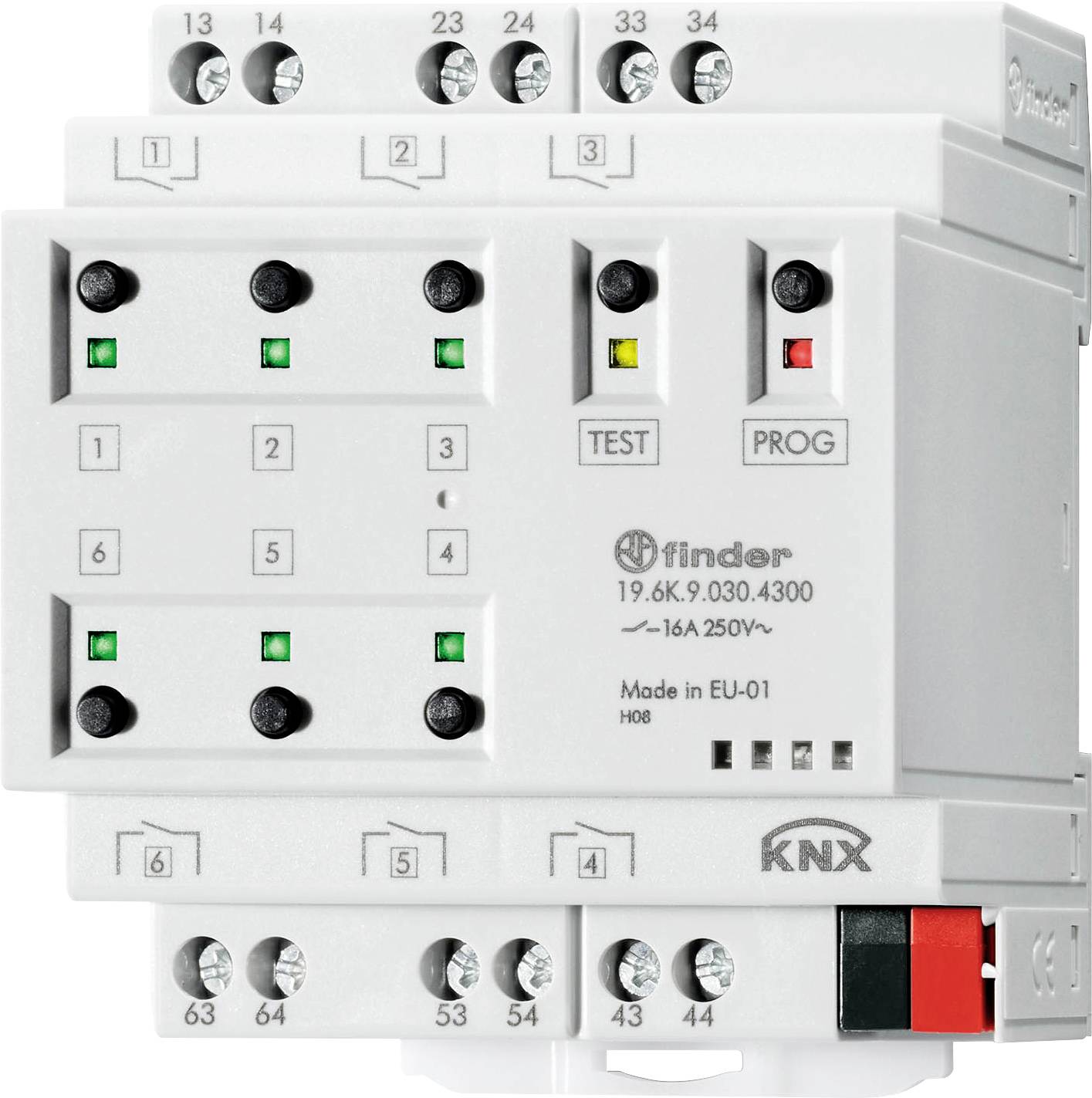Ein KNX-Schaltaktor mit Test- und Programmierfunktion, gezeigt mit Anschlussklemmen und LEDs zur Anzeige des Betriebsstatus.