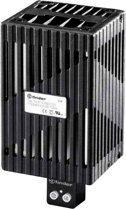 Schwarzes Heizgerät von Finder für Schaltschränke, Modell 7H, zur Vermeidung von Kondensation. Geeignet für 230V AC/DC, 100W.