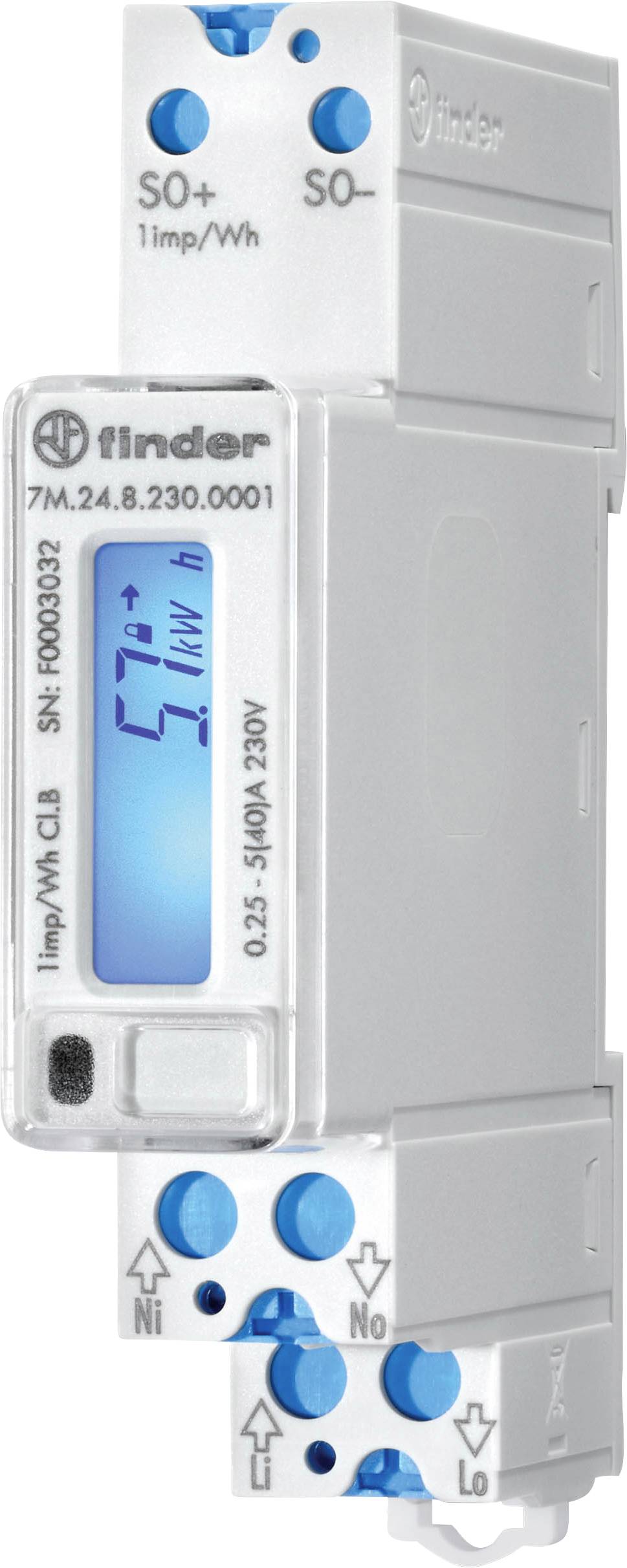 Ein digitales Messgerät von Finder mit einem Display, das '57 kWh' anzeigt. Es misst elektrische Energie und hat Anschlüsse für Stromversorgung.