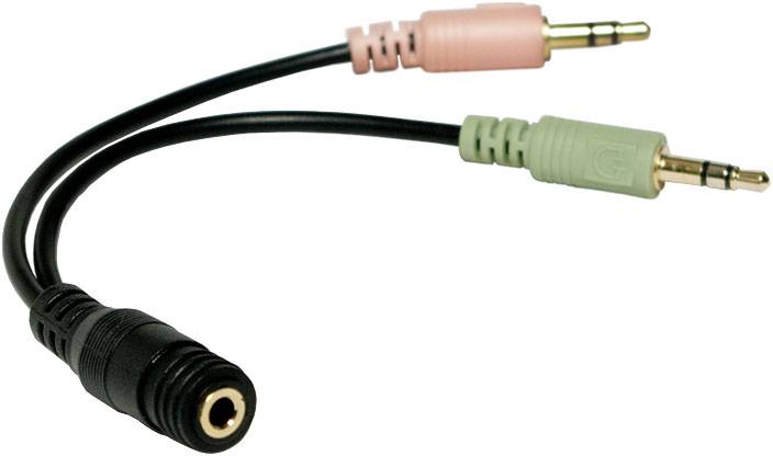 Ein Audioadapter mit zwei 3,5-mm-Steckern, rosa und grün, verbindet zwei Geräte mit einer 3,5-mm-Buchse.