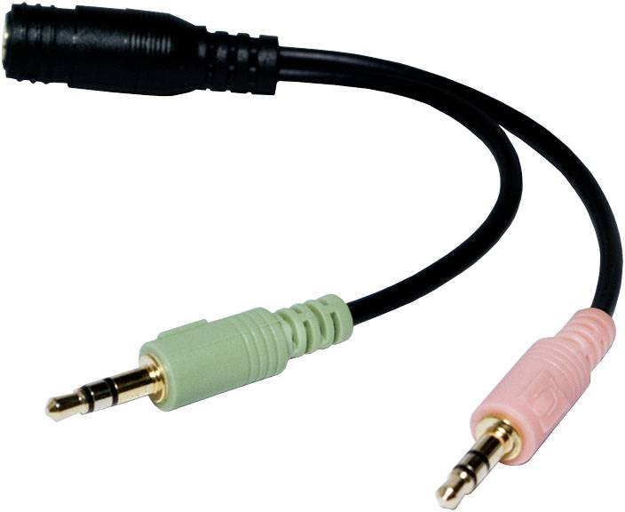 Ein Y-Adapterkabel mit zwei 3,5-mm-Klinkensteckern, einem grünen und einem rosafarbenen, und einer schwarzen Buchse.
