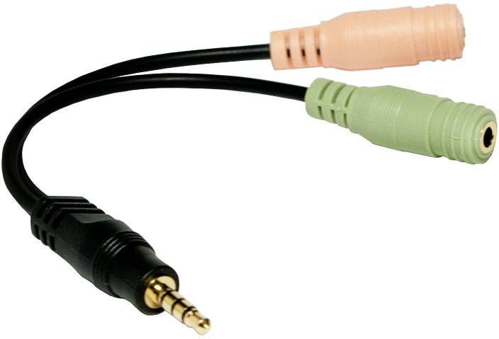 Y-Klinkensteckeradapter: Ein schwarzer 3,5-mm-Stecker verbindet zwei Buchsen, eine orange für Mikrofon und eine grün für Kopfhörer.